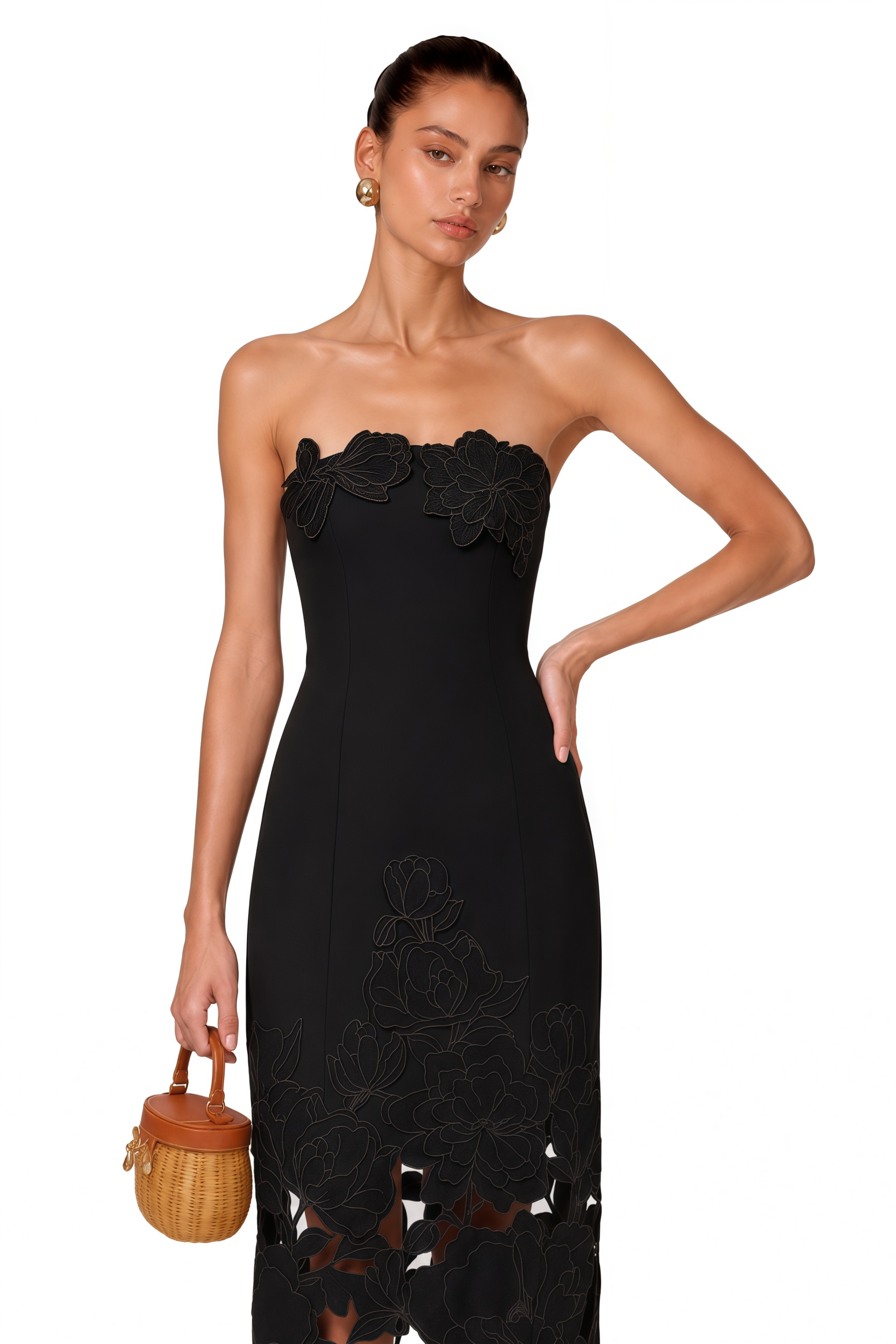 embroidered maxi dress black Inga Strapless Floral sheer sleeve design Deep