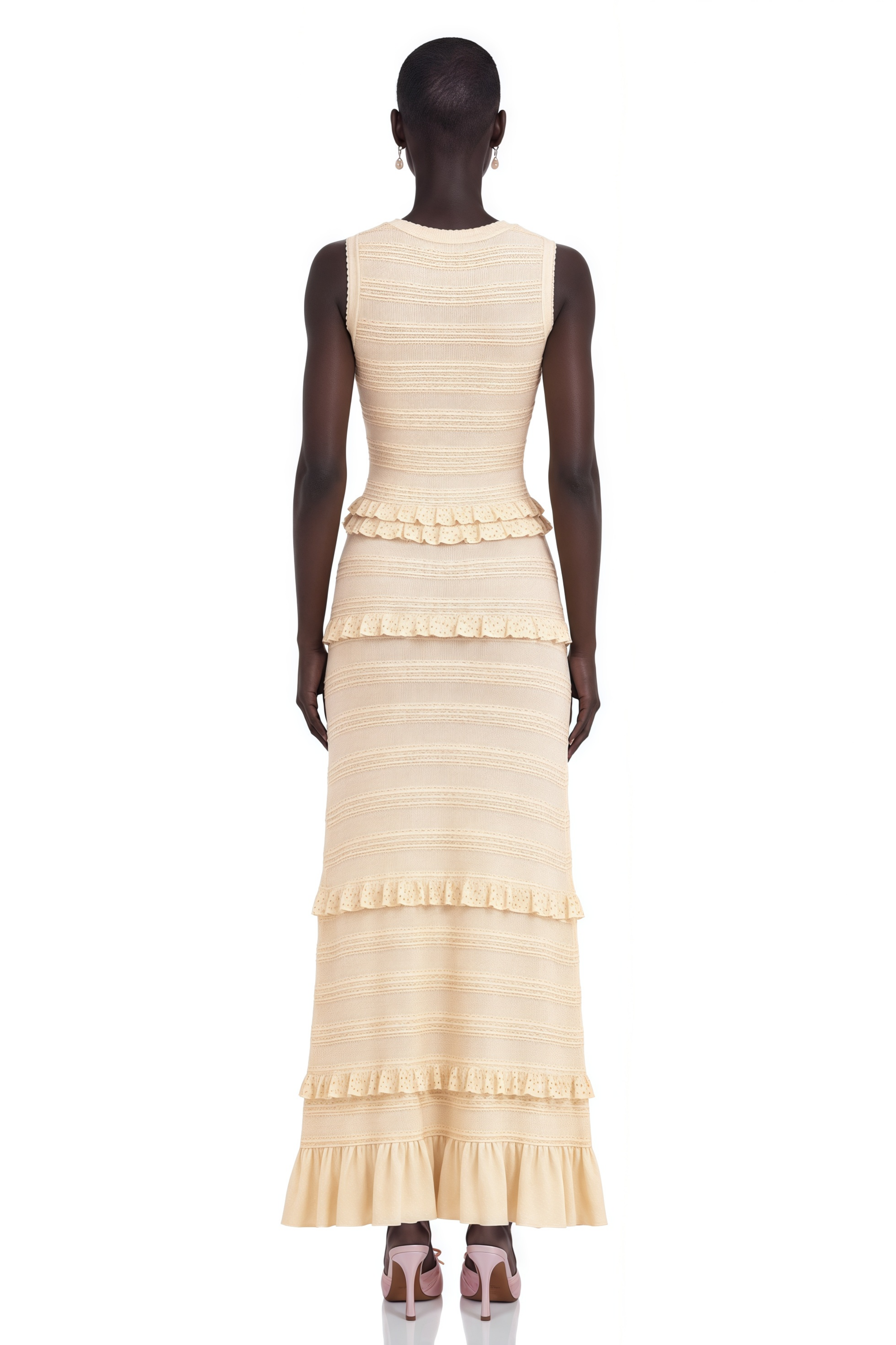 Airelle Beige Ruffled Sleeveless Knit Maxi Dress