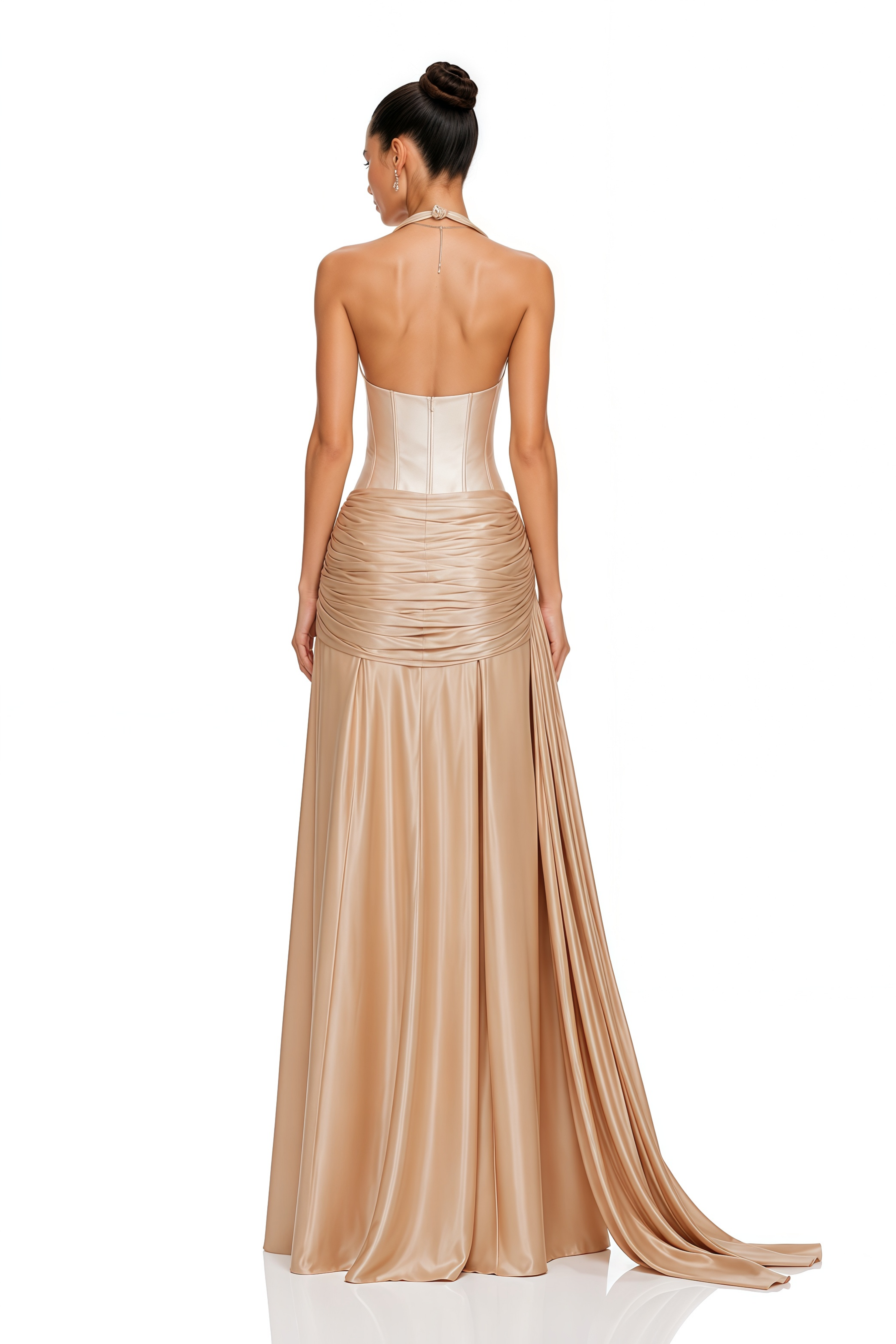 Sapir Bronze Halterneck Satin Maxi Dress with Ribbon