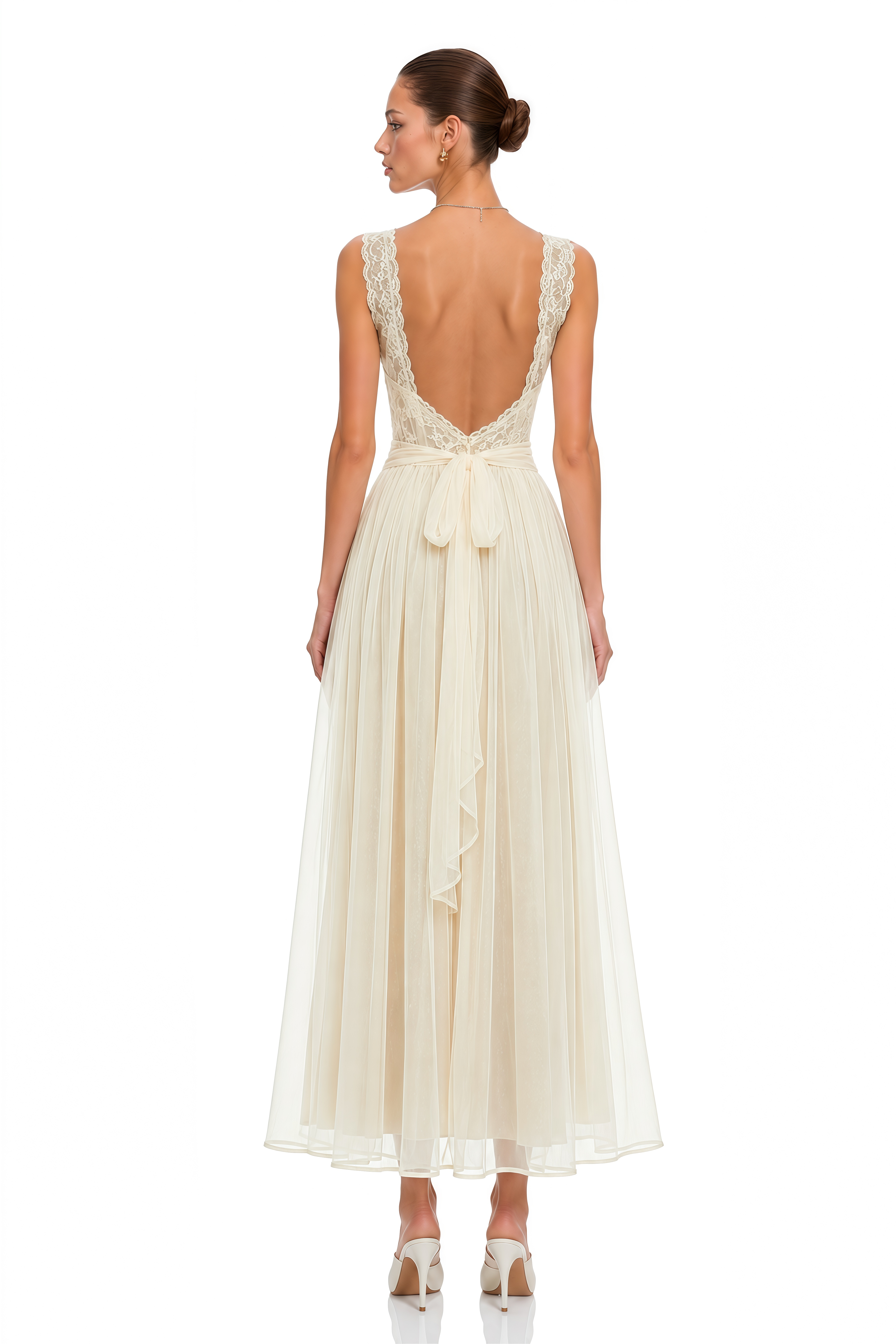 Wolfgang White Pleated Maxi Dress with Lace Panels