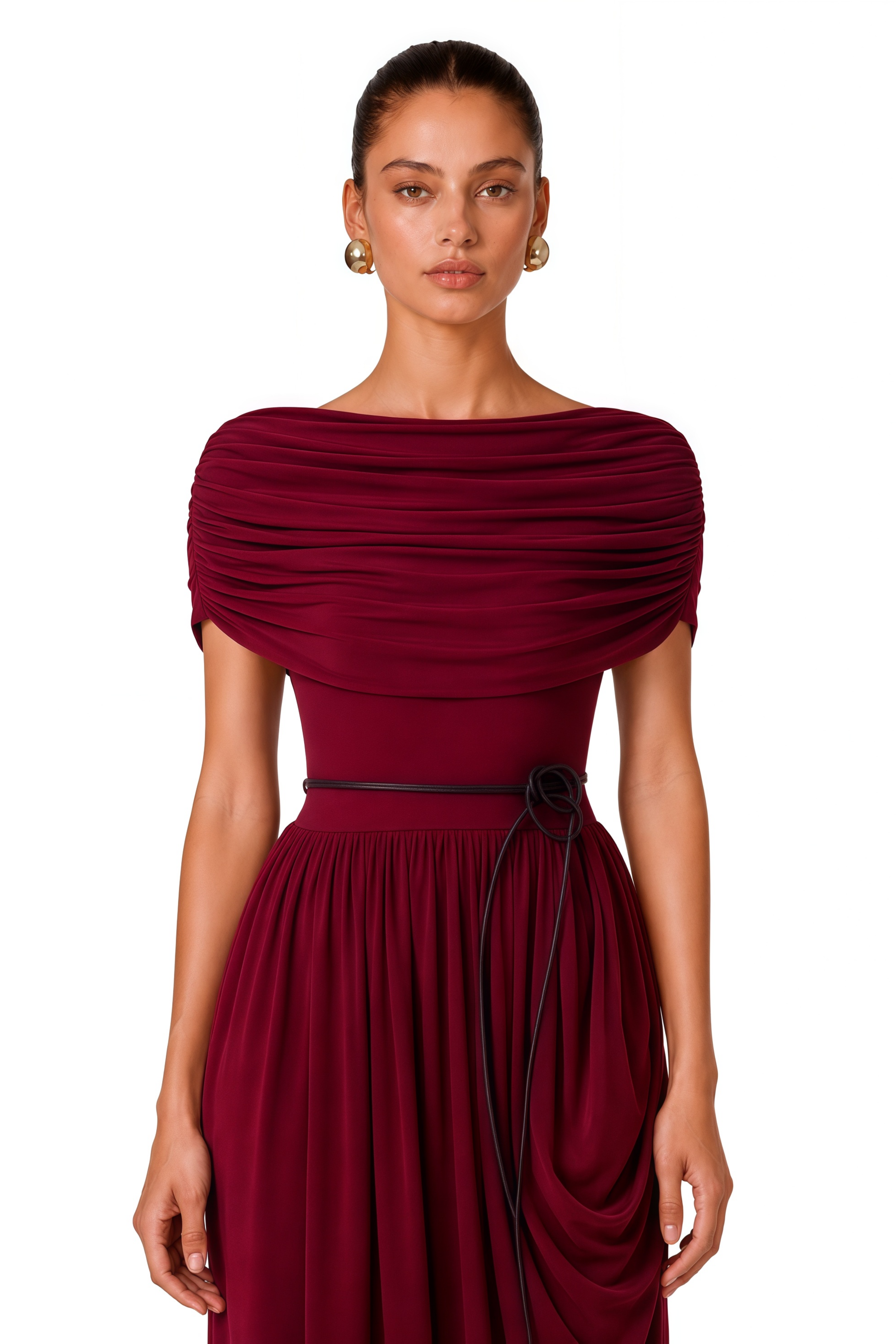 Gianna Burgundy Shawl Design Draped Maxi Dress