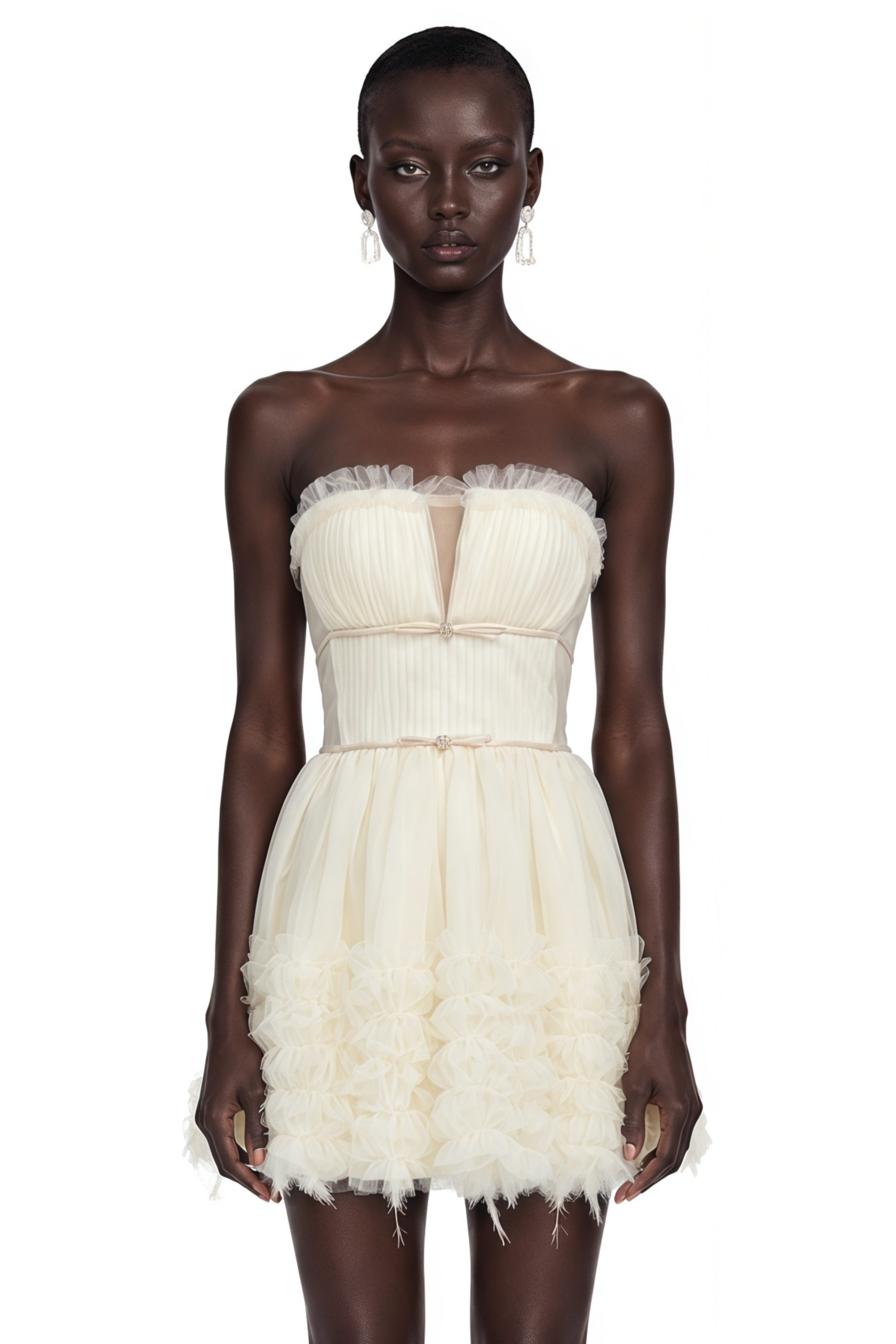 Ottoline Neutral Ruffled Trim Strapless Mini Dress