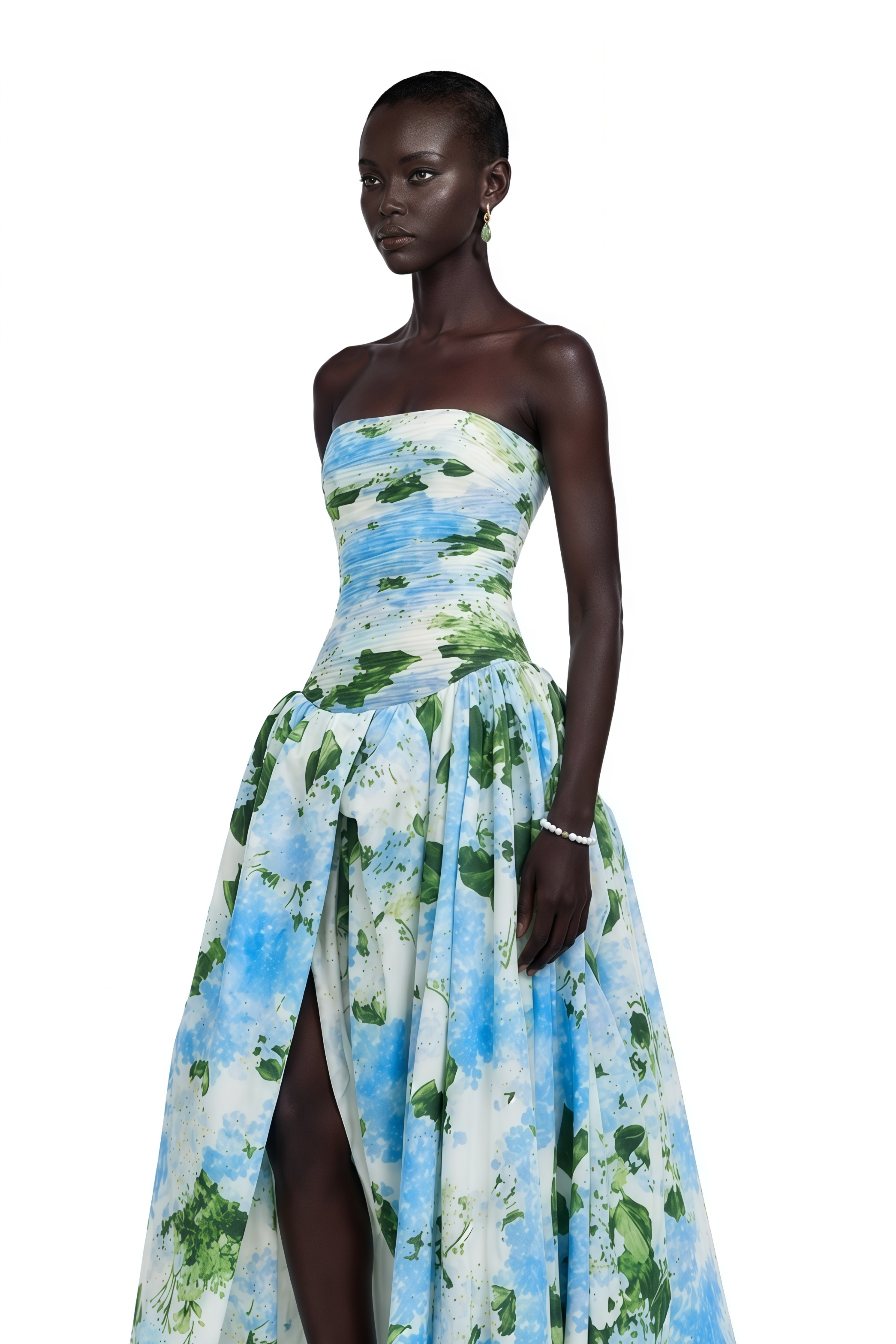 Parastoo Blue Hydrangea Floral Print Pleated Maxi Dress