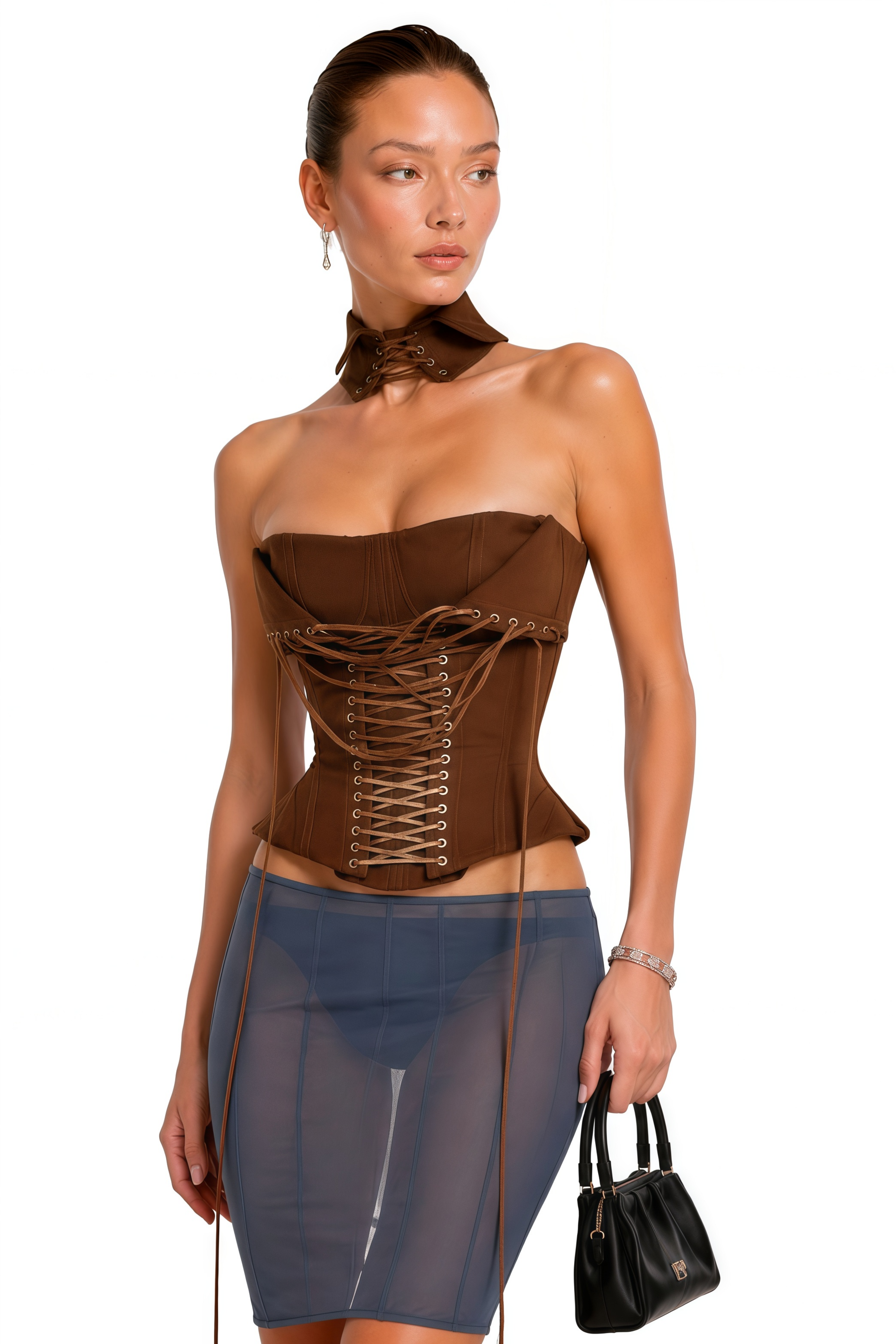 Indre Brown Lace Up Corset Crop Top