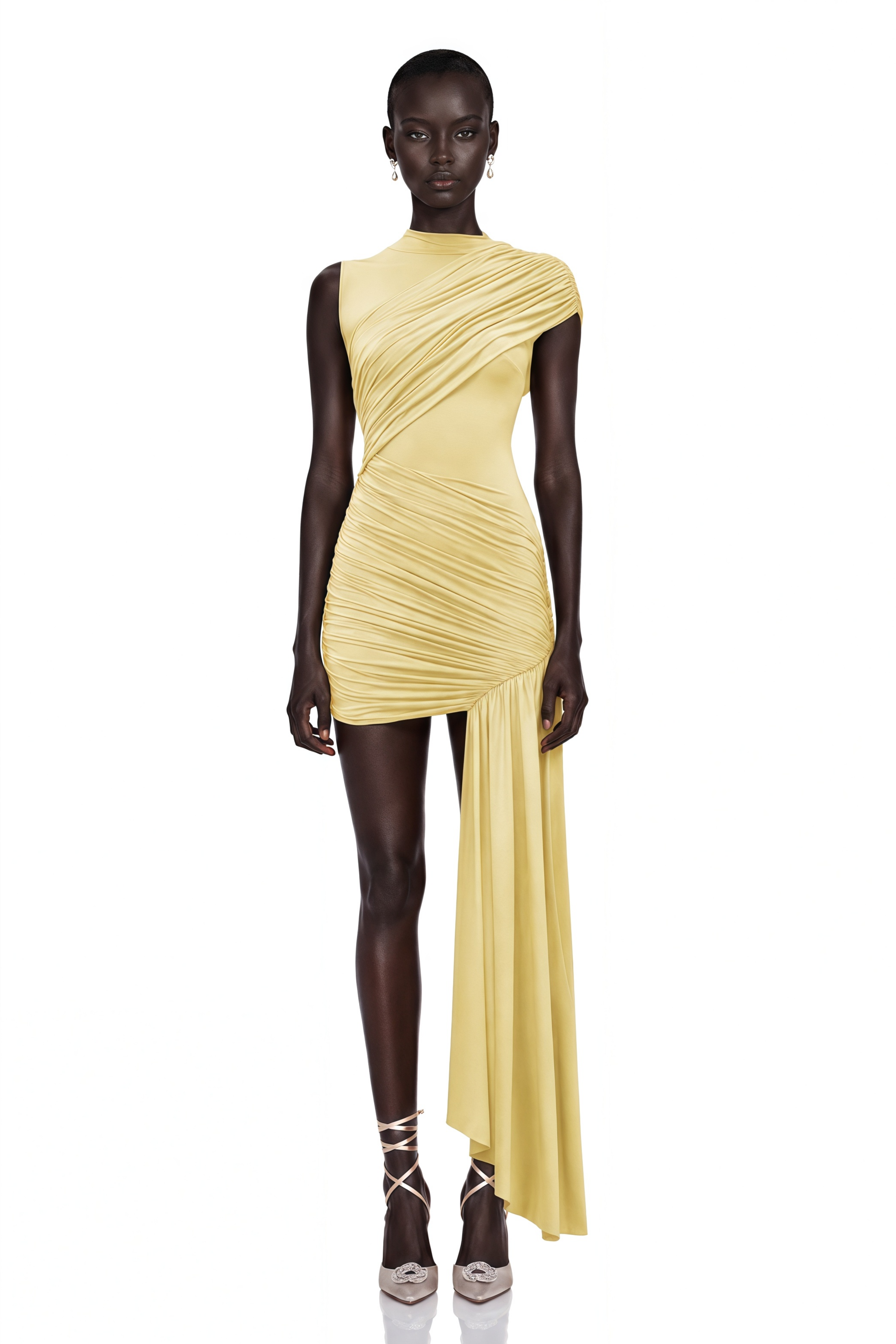 Fée Yellow Asymmetrical Ruched Mini Dress