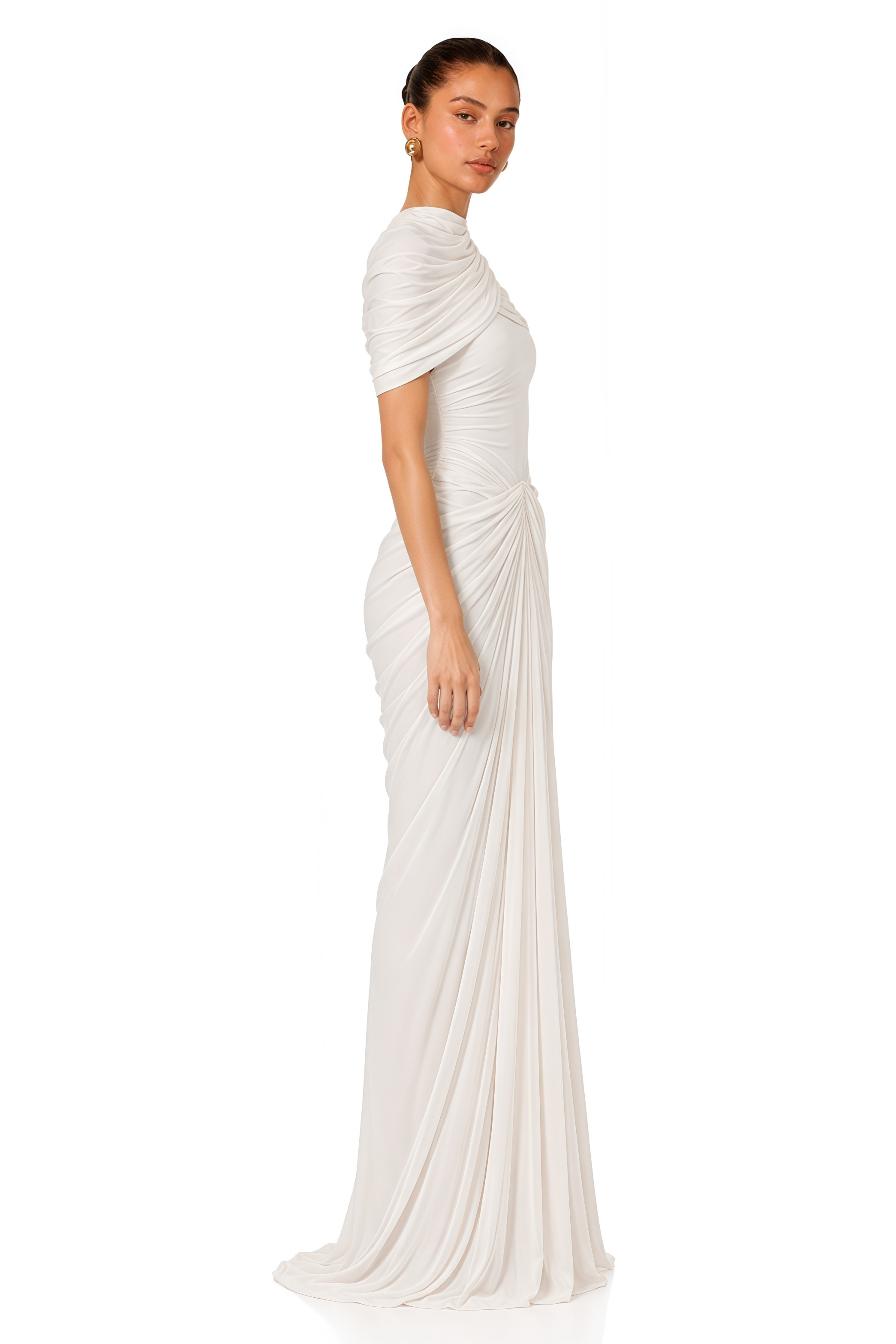 Zeynep White Ruched Maxi Dress with Cape Sleeves