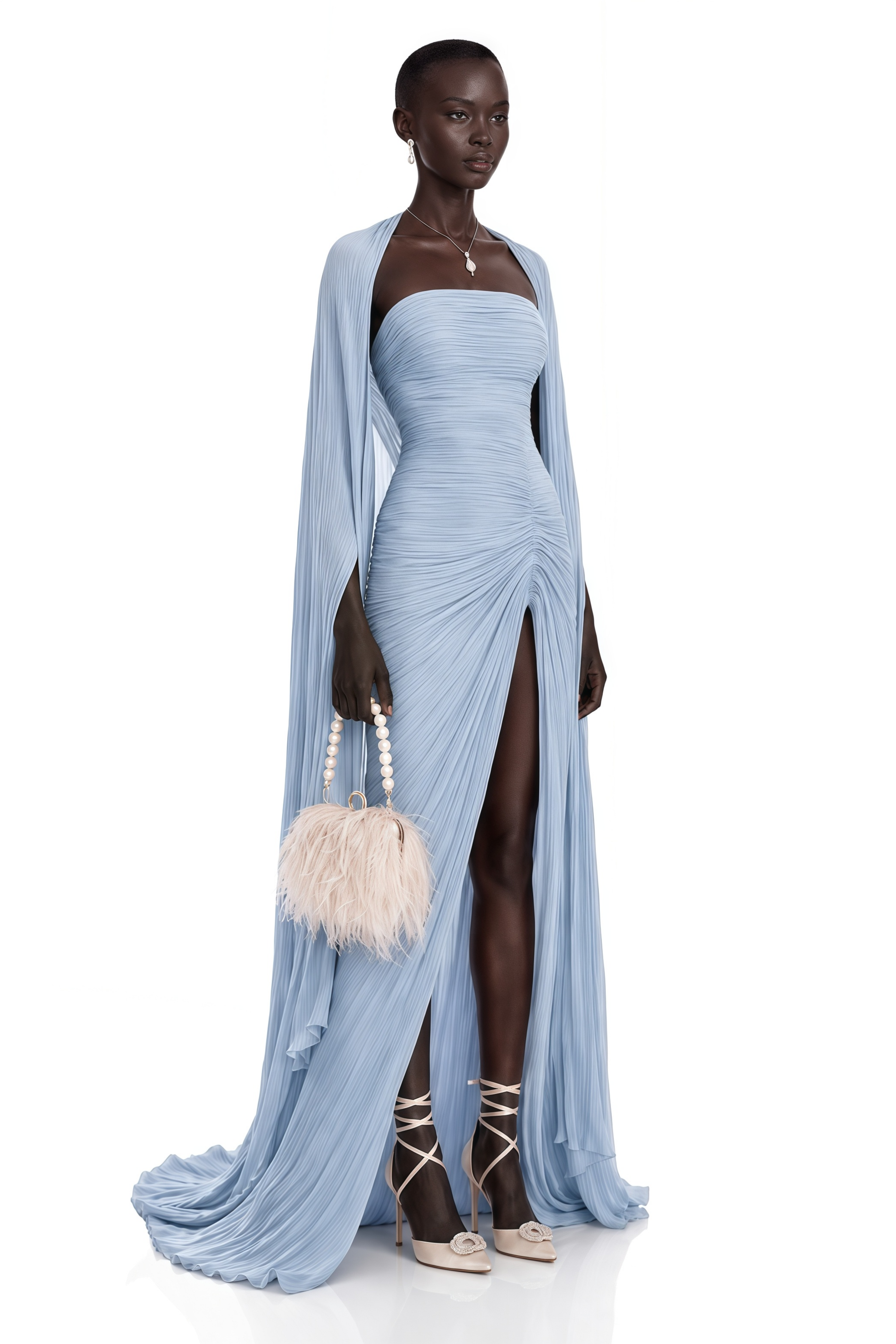 Shifra Blue Asymmetrical Cape Maxi Dress