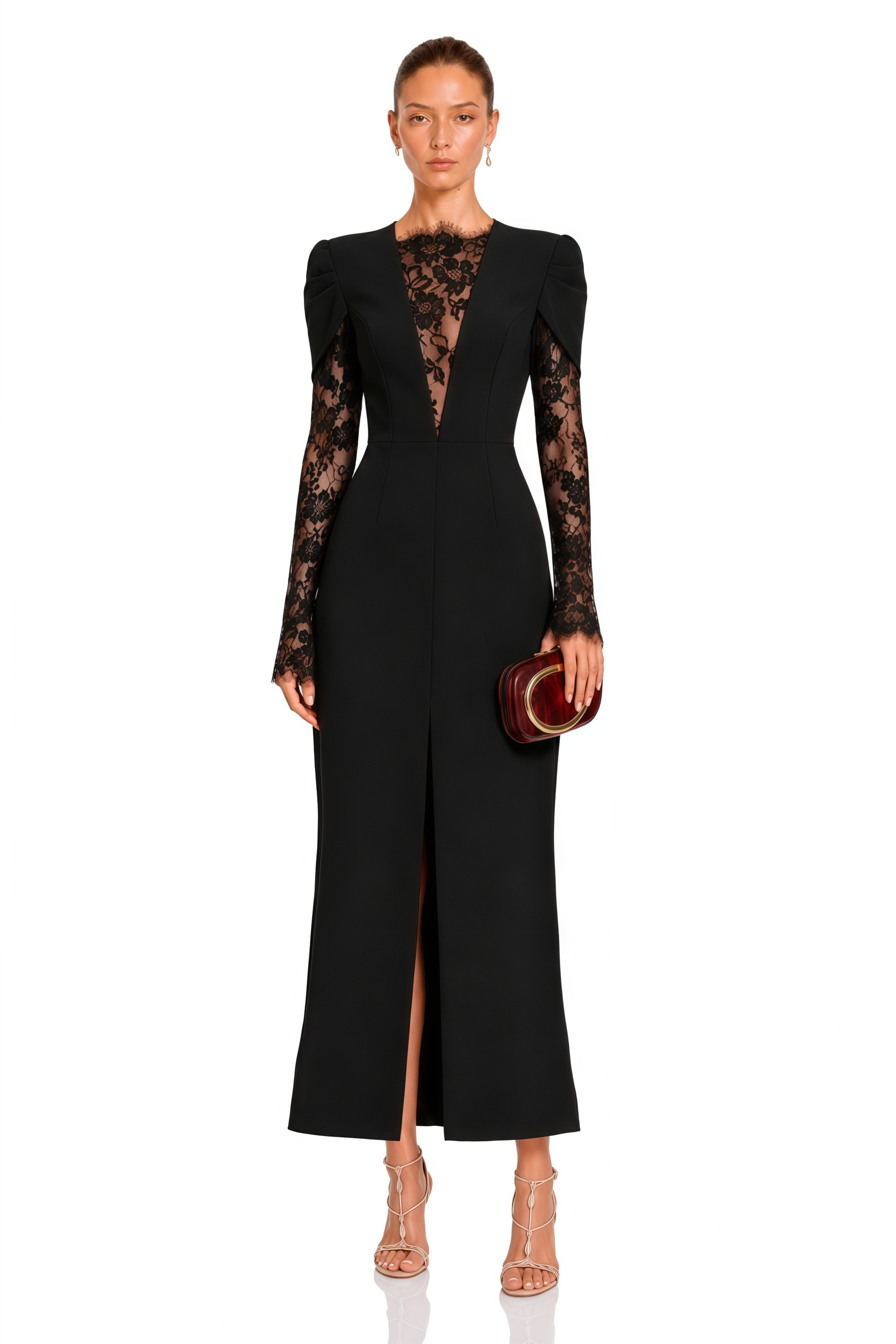 Rhea Black High Slit Lace Panel Midi Dress