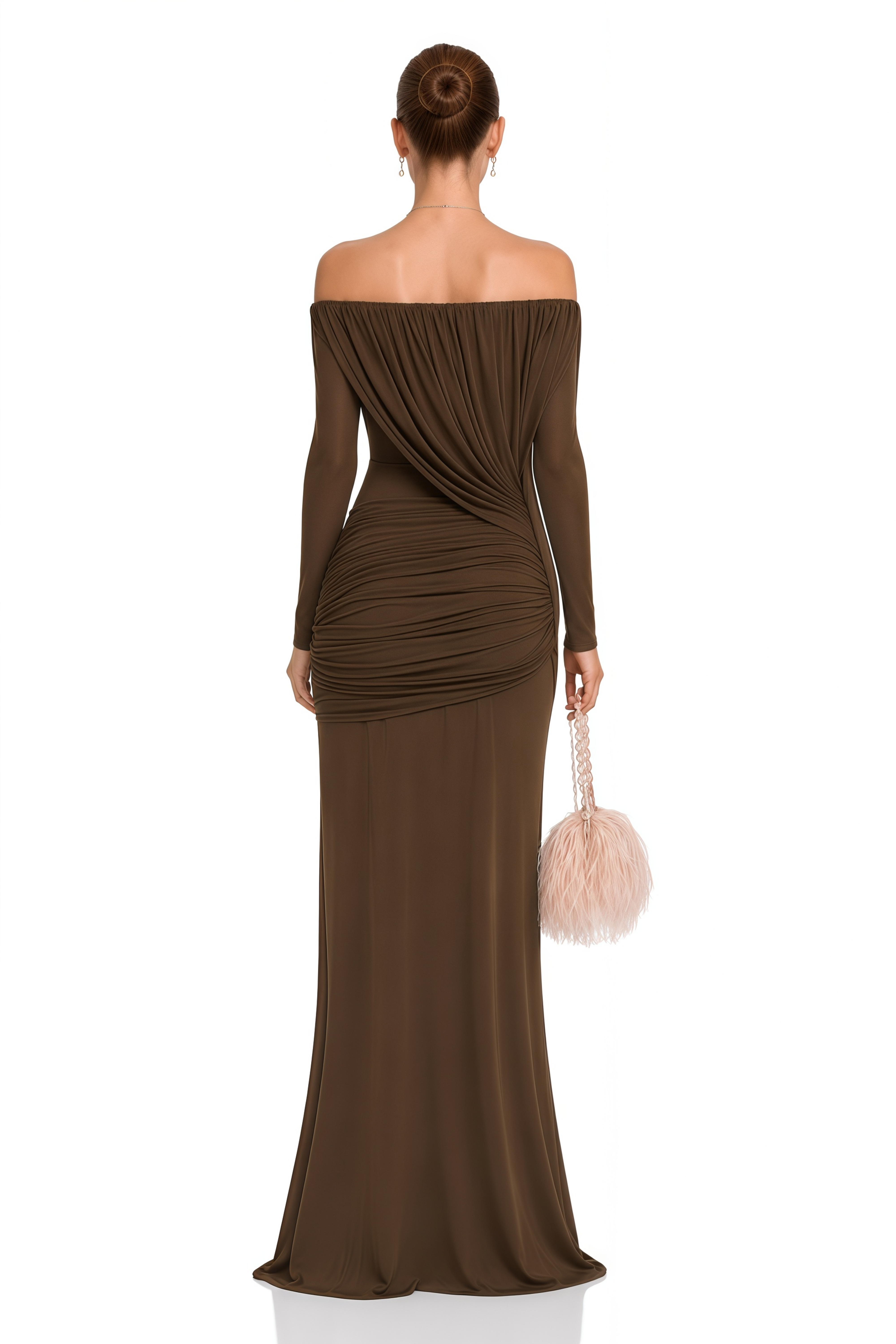 Zenobia Brown Asymmetrical Draped Mesh Maxi Dress