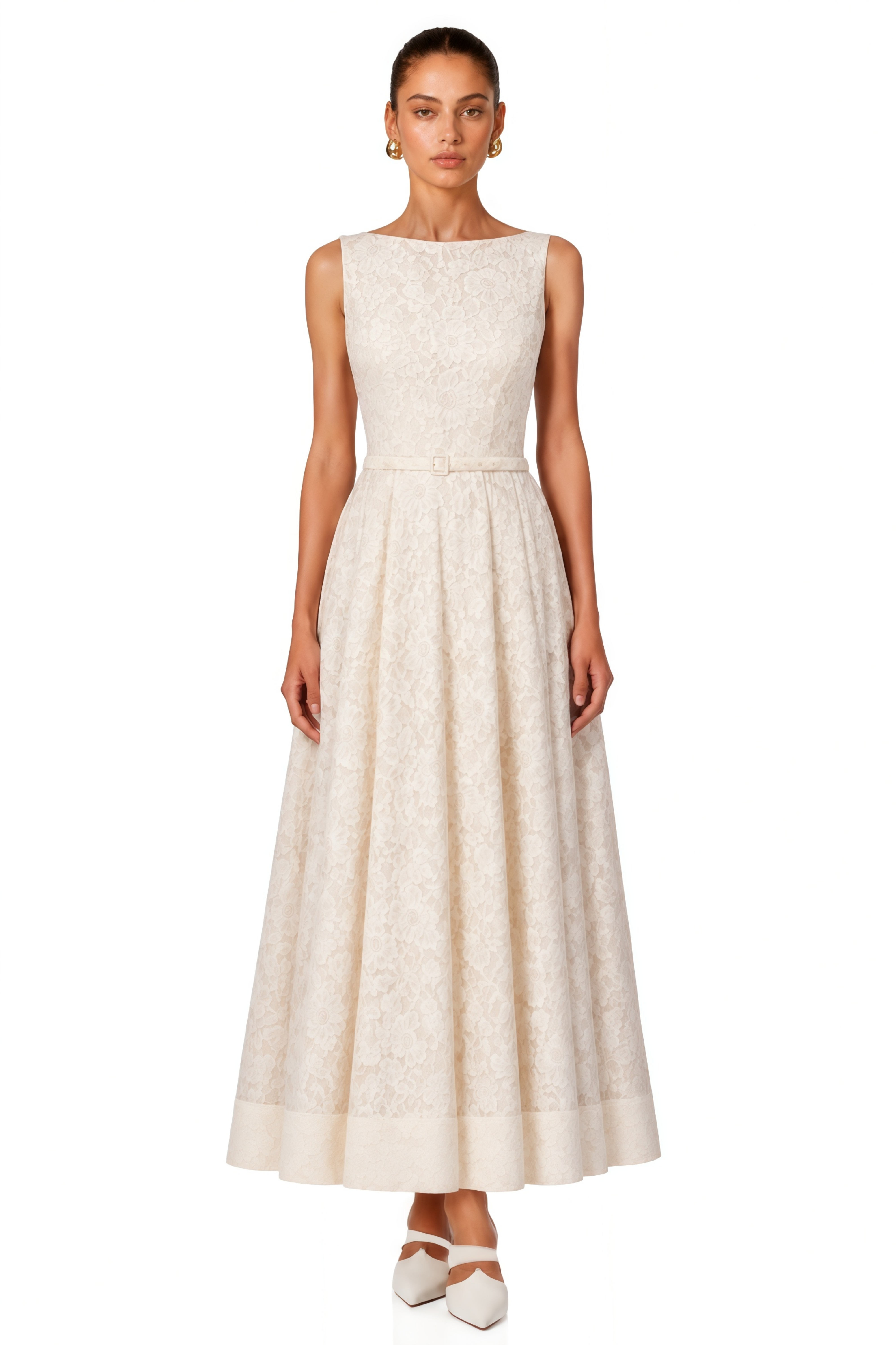 Golnar White Sleeveless Floral Lace Maxi Dress