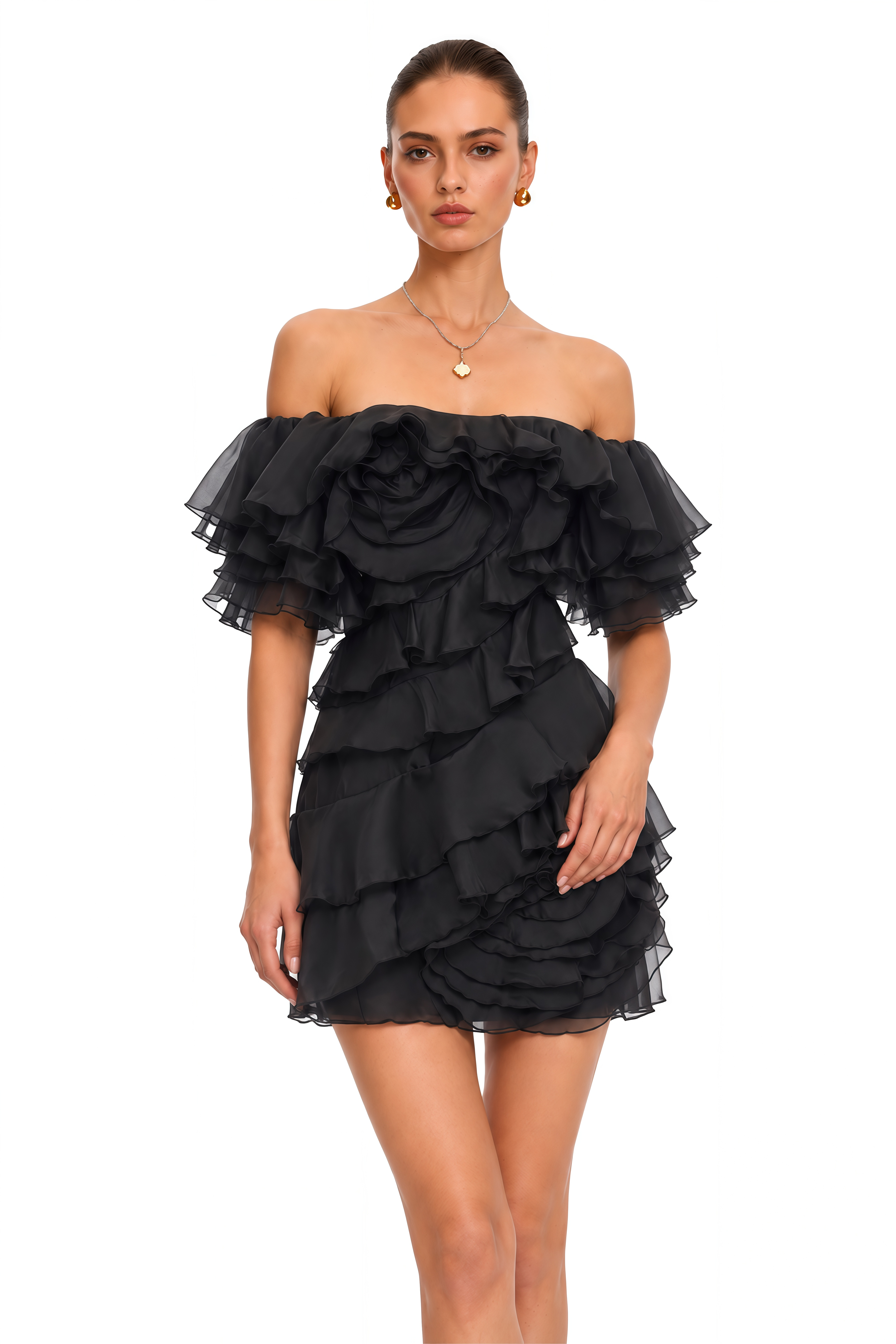 Cerise Asymmetrical Flounce Mini Dress in Black