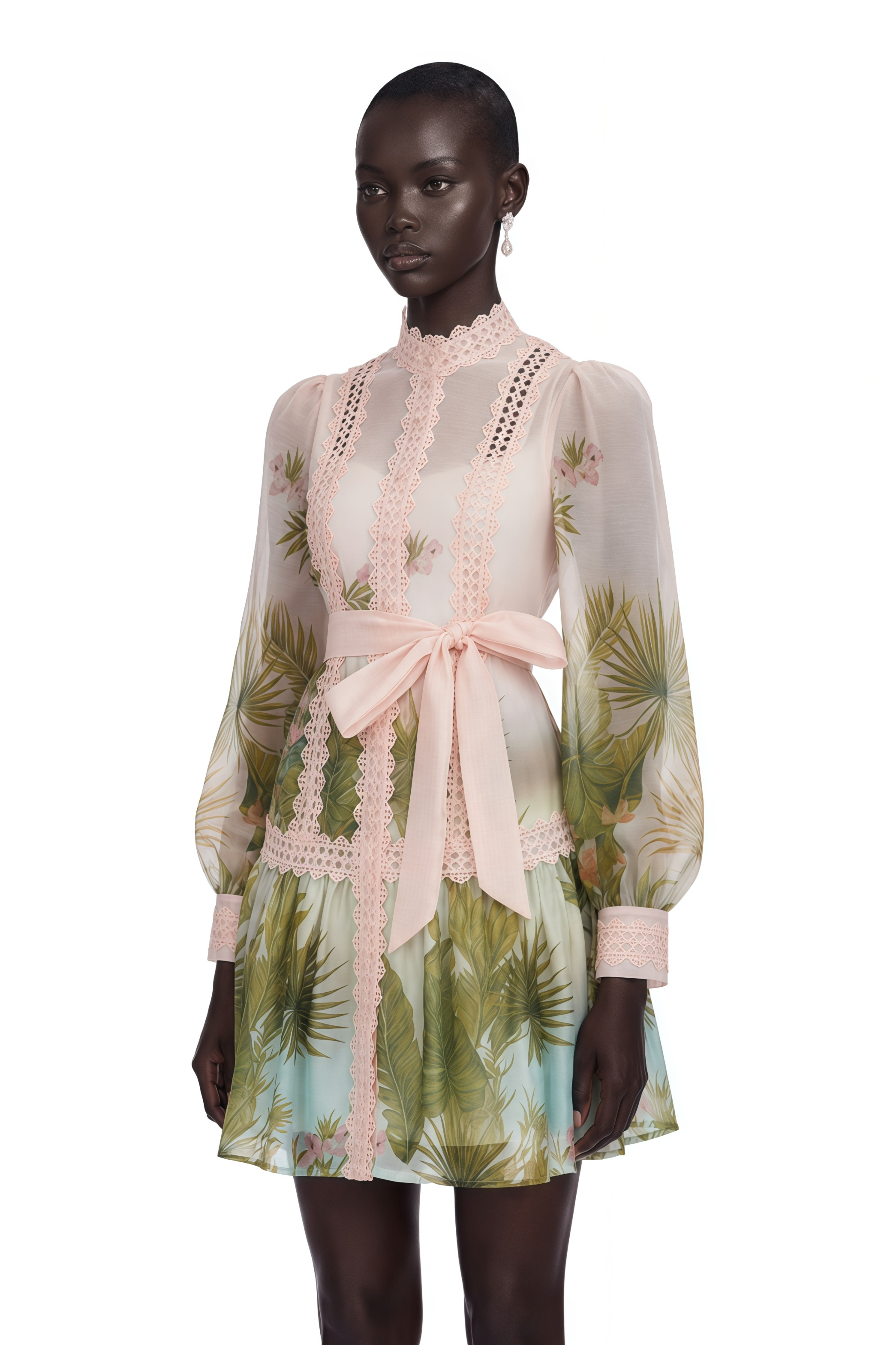 Antigone Pink Mini Dress with Lace Panels and Tie
