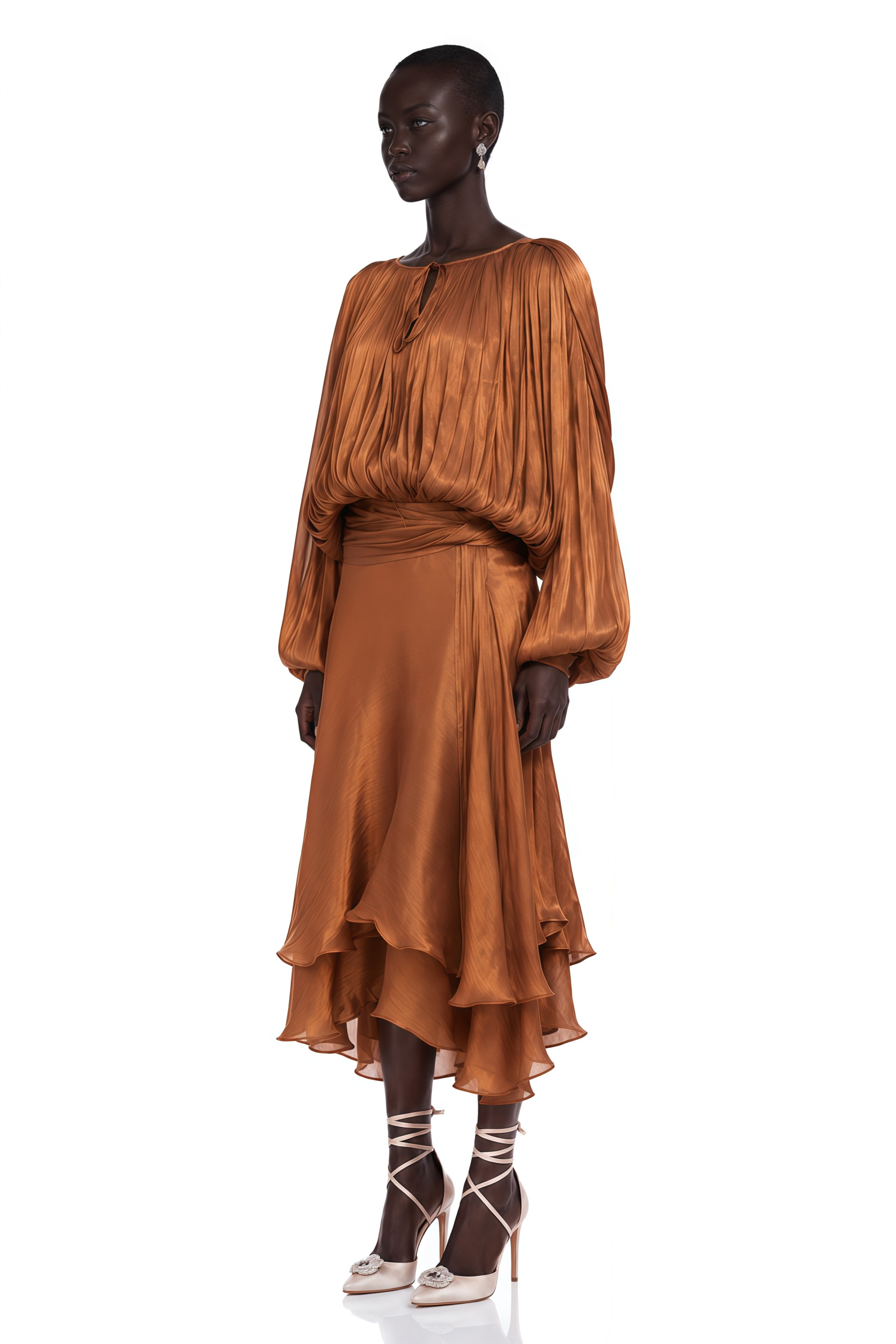 Eugénie Pleated Ruffle Maxi Dress in Brown