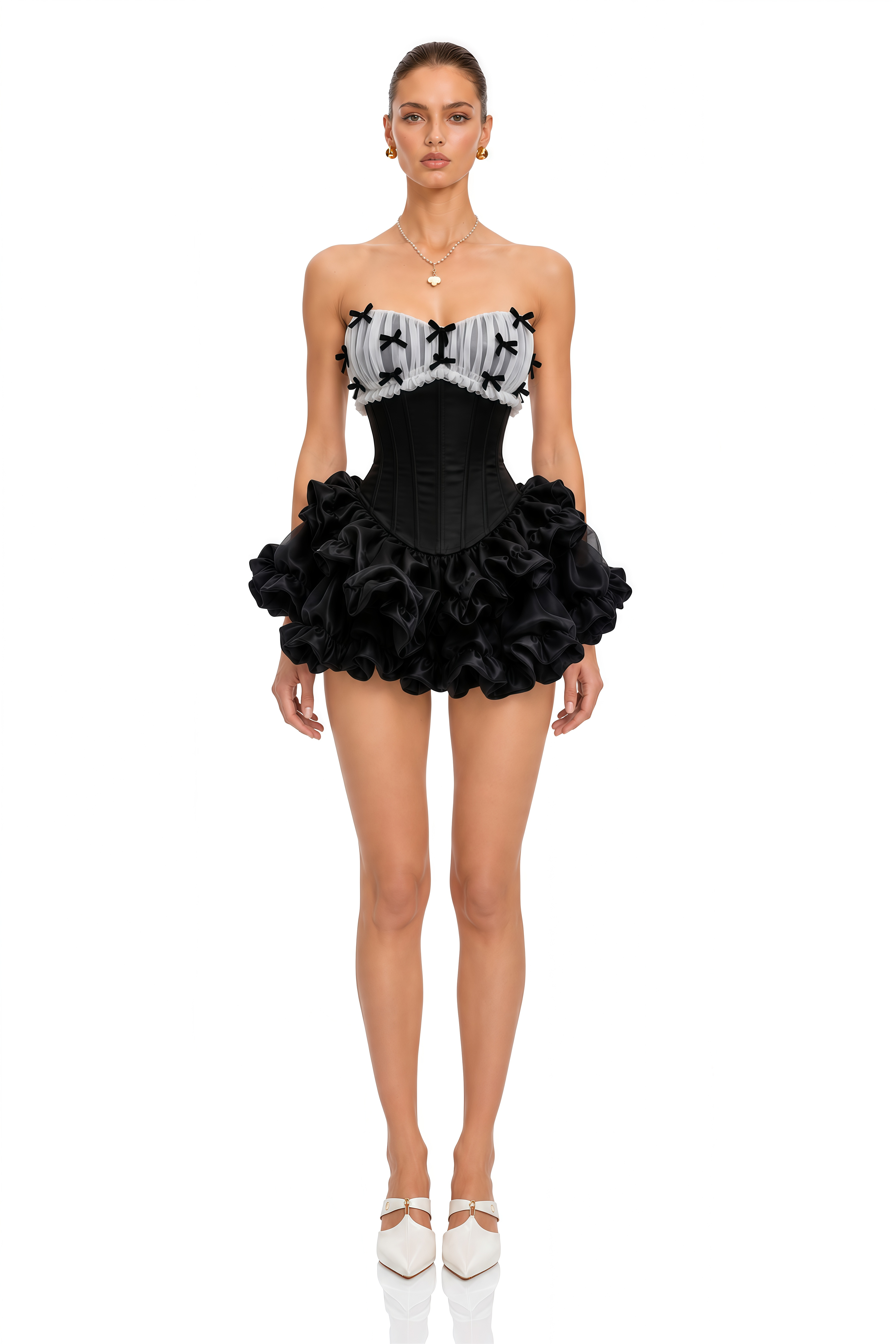 Laurine Black Ruffled Satin Mini Dress