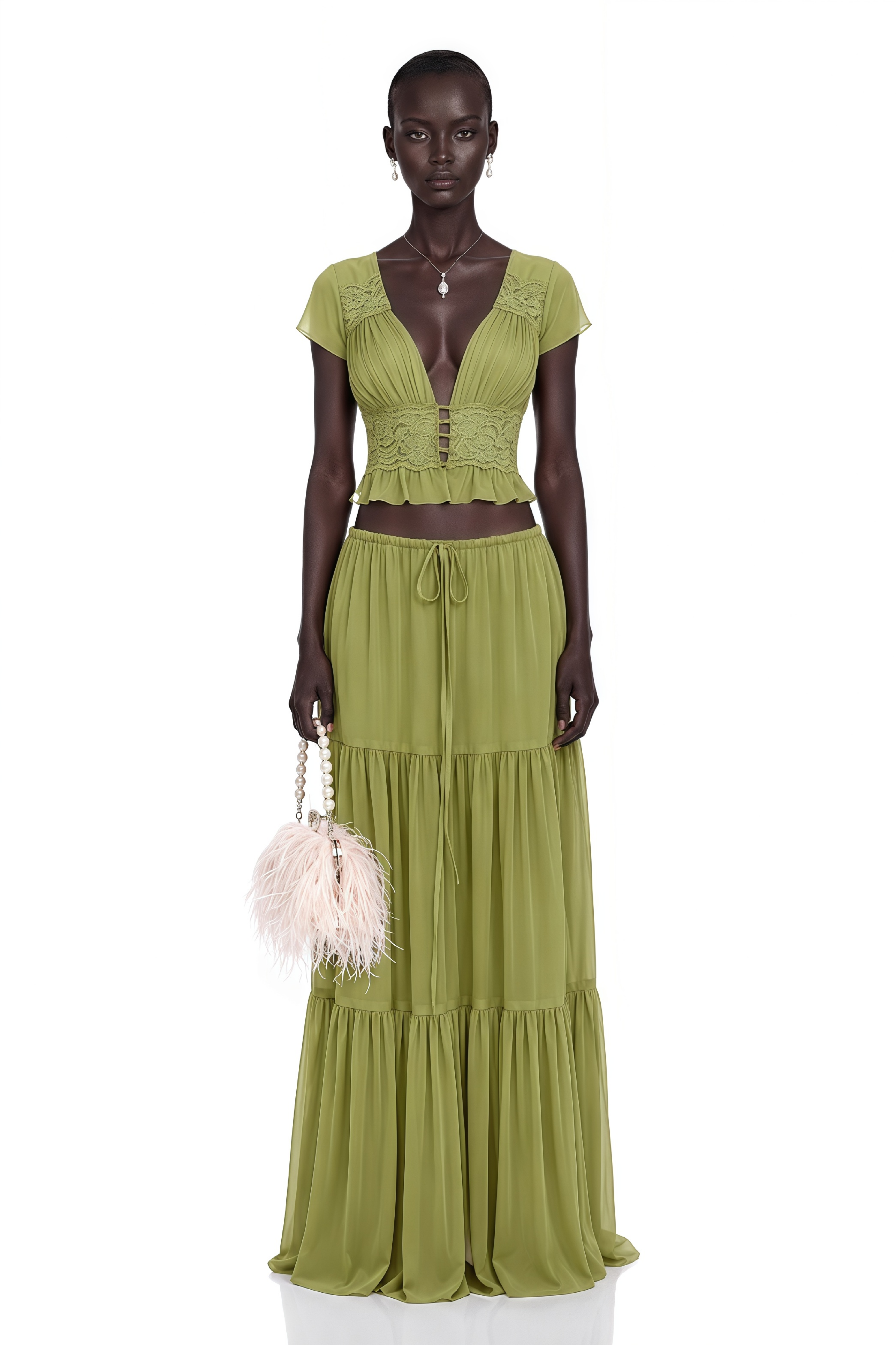 Pleiade Green Floral Lace Chiffon Top & Skirt Set