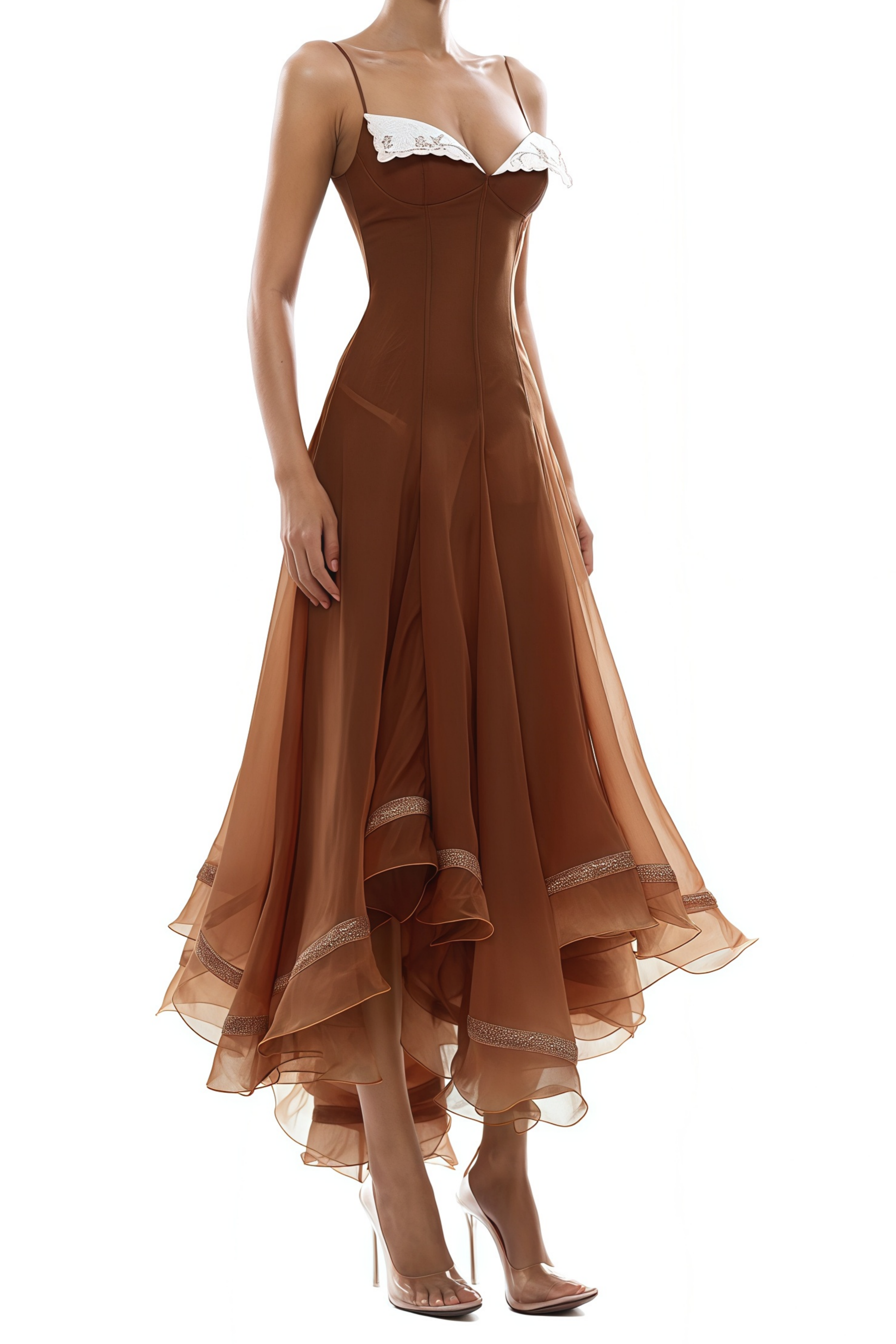 Brown chiffon corset midi dress with embroidered cups and layered handkerchief skirt