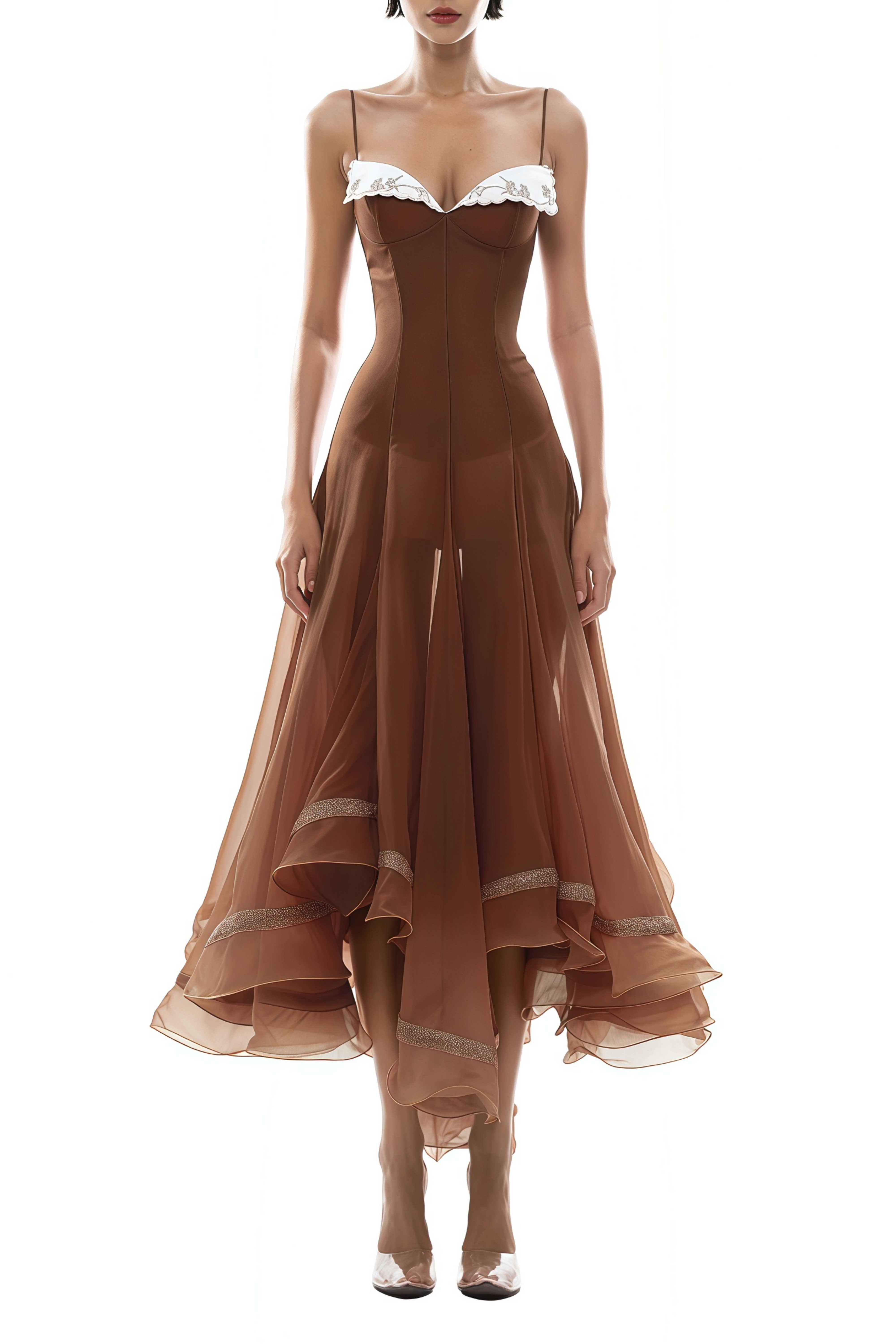 Brown chiffon corset midi dress with embroidered cups and layered handkerchief skirt