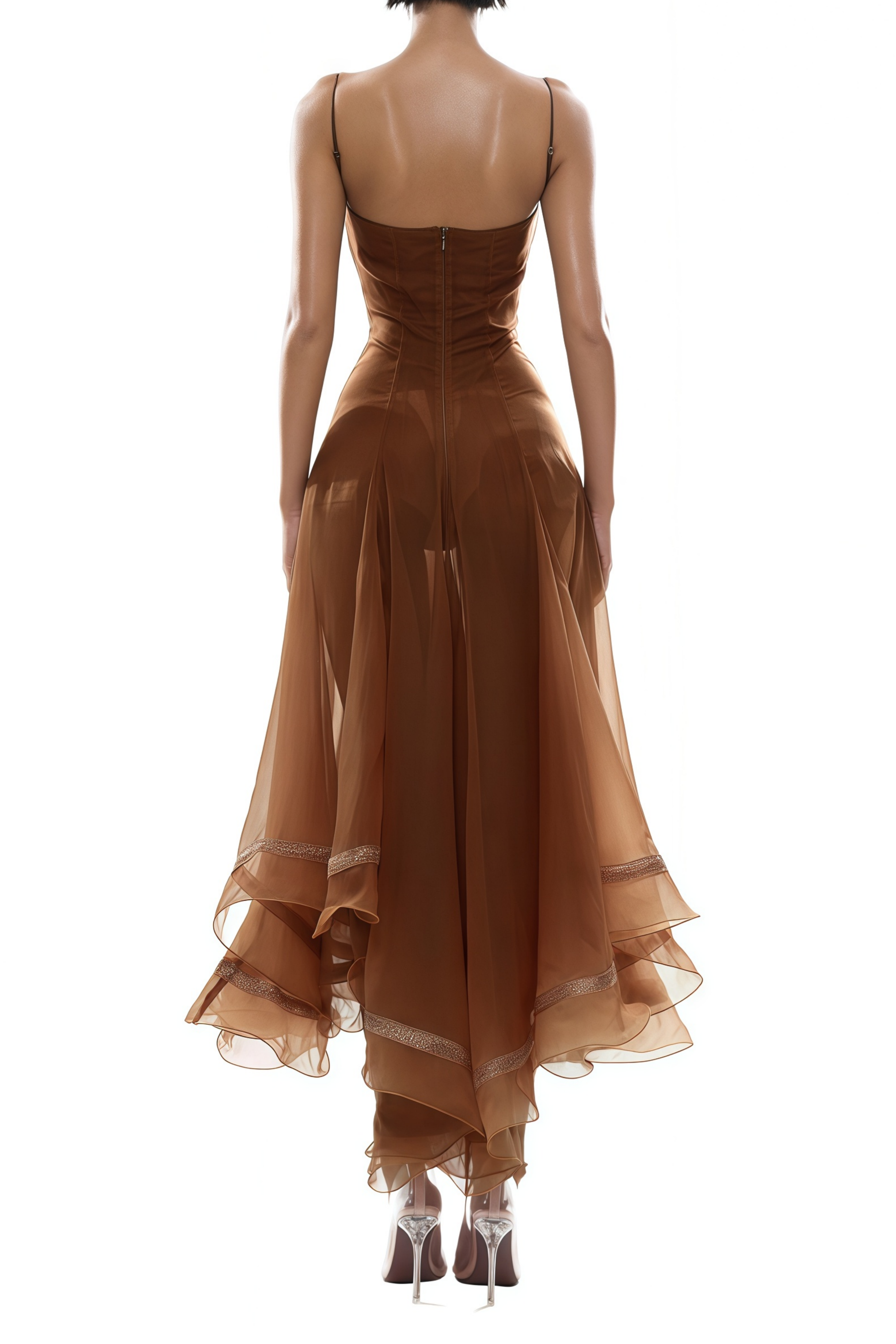Brown chiffon corset midi dress with embroidered cups and layered handkerchief skirt