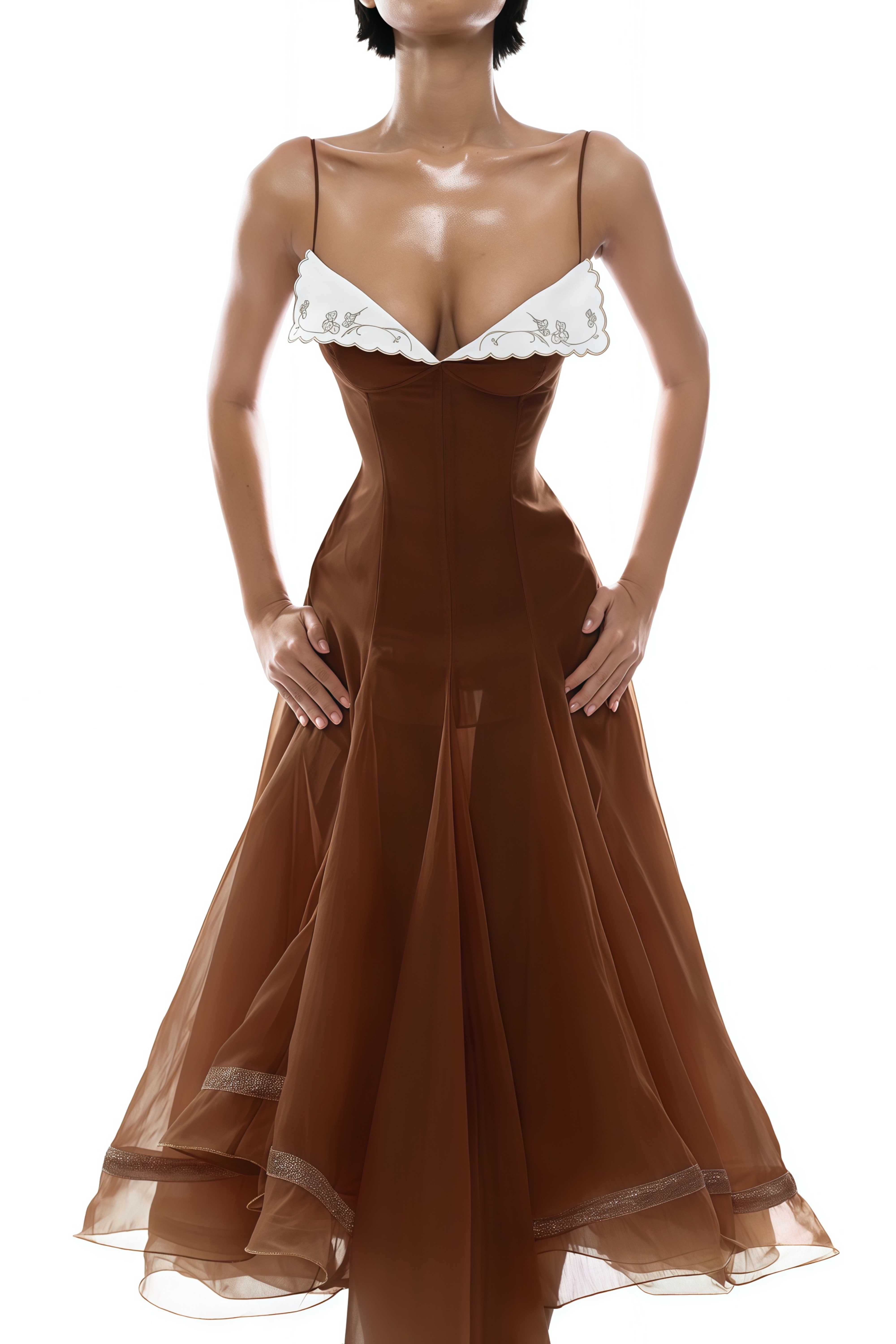 Brown chiffon corset midi dress with embroidered cups and layered handkerchief skirt