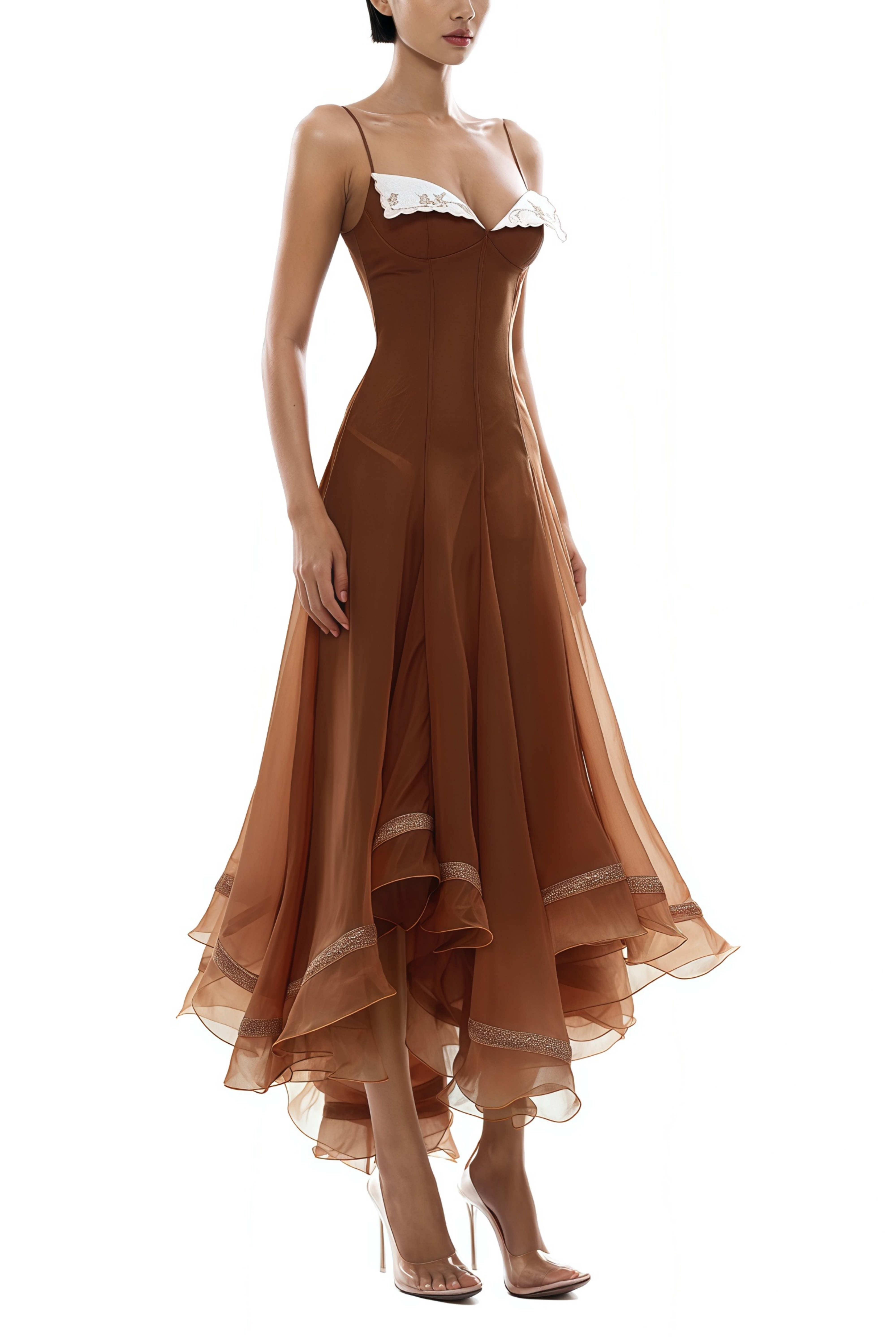 Brown chiffon corset midi dress with embroidered cups and layered handkerchief skirt