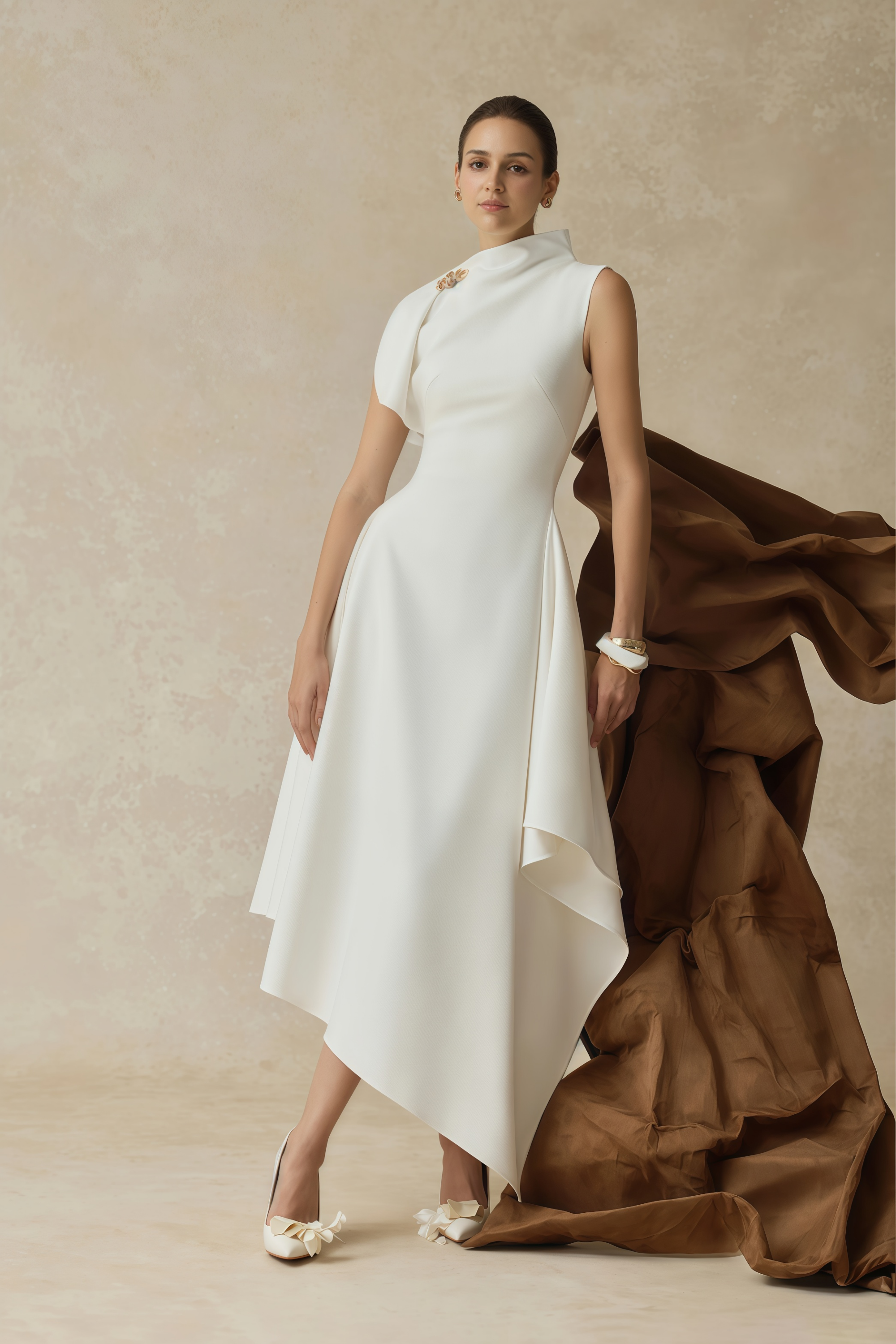 White sleeveless midi dress featuring a high drape neck with a brooch detail and a structured asymmetric handkerchief skirt
