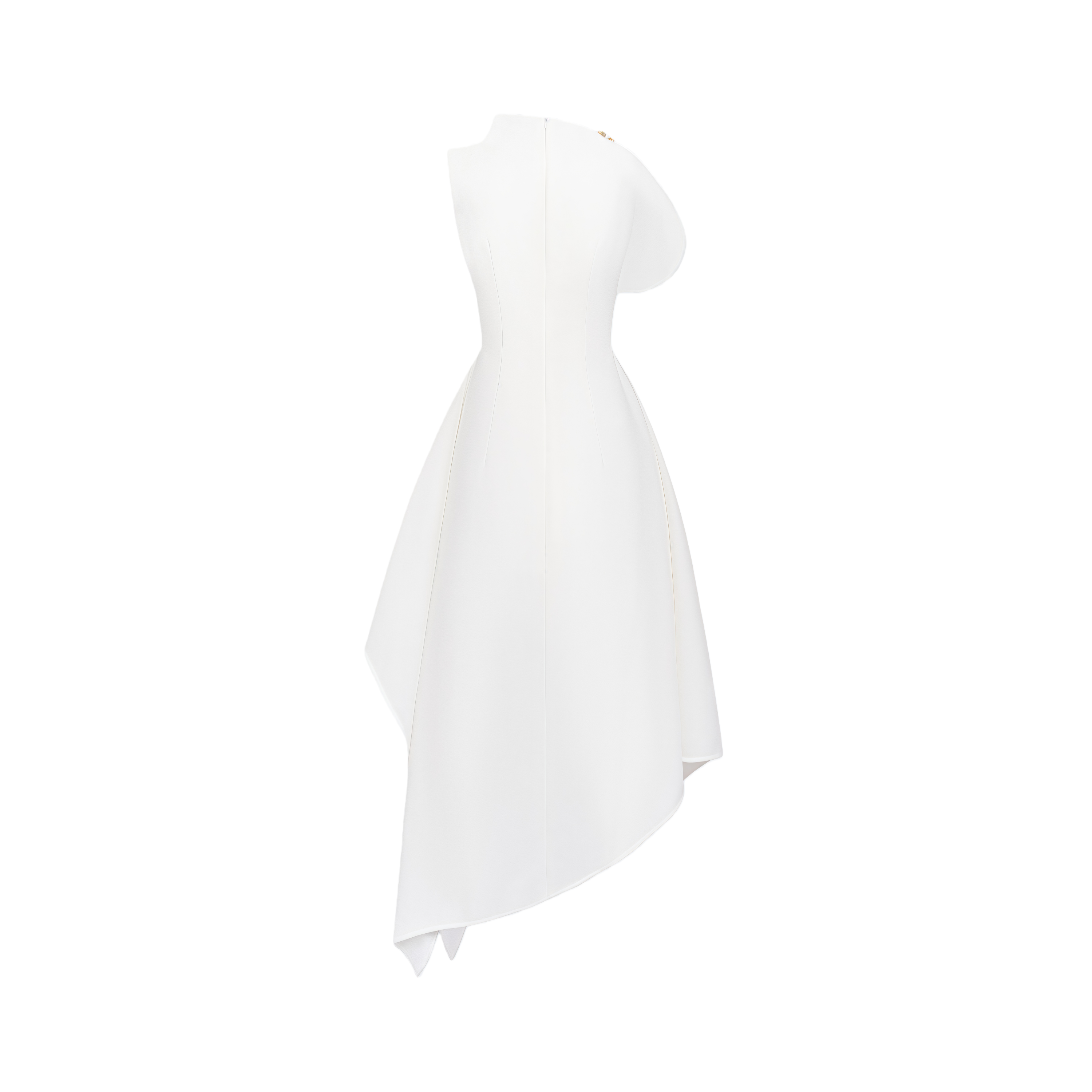 White sleeveless midi dress featuring a high drape neck with a brooch detail and a structured asymmetric handkerchief skirt