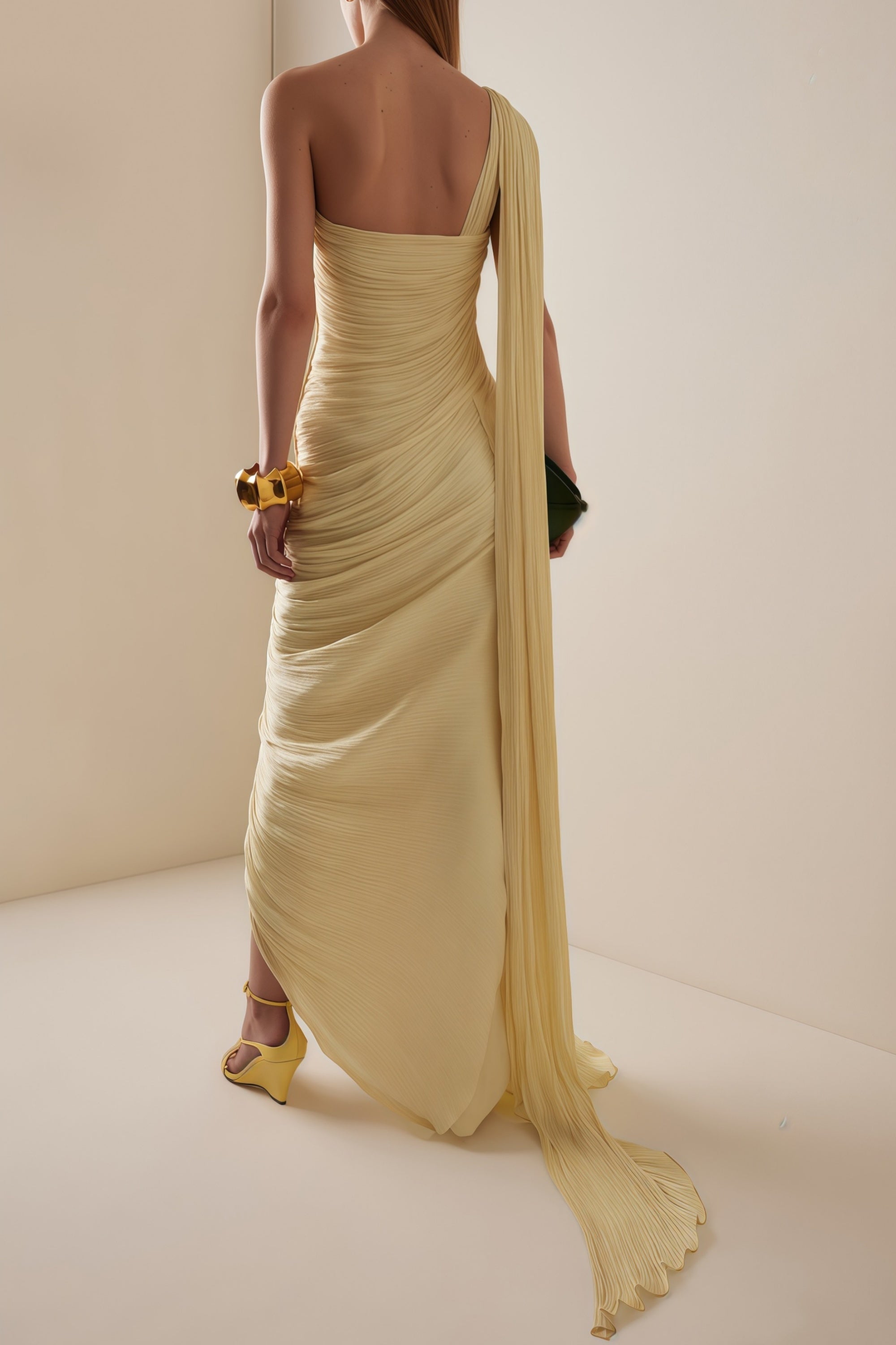Pale yellow one-shoulder plissé maxi dress with a draped high slit and a trailing hem
