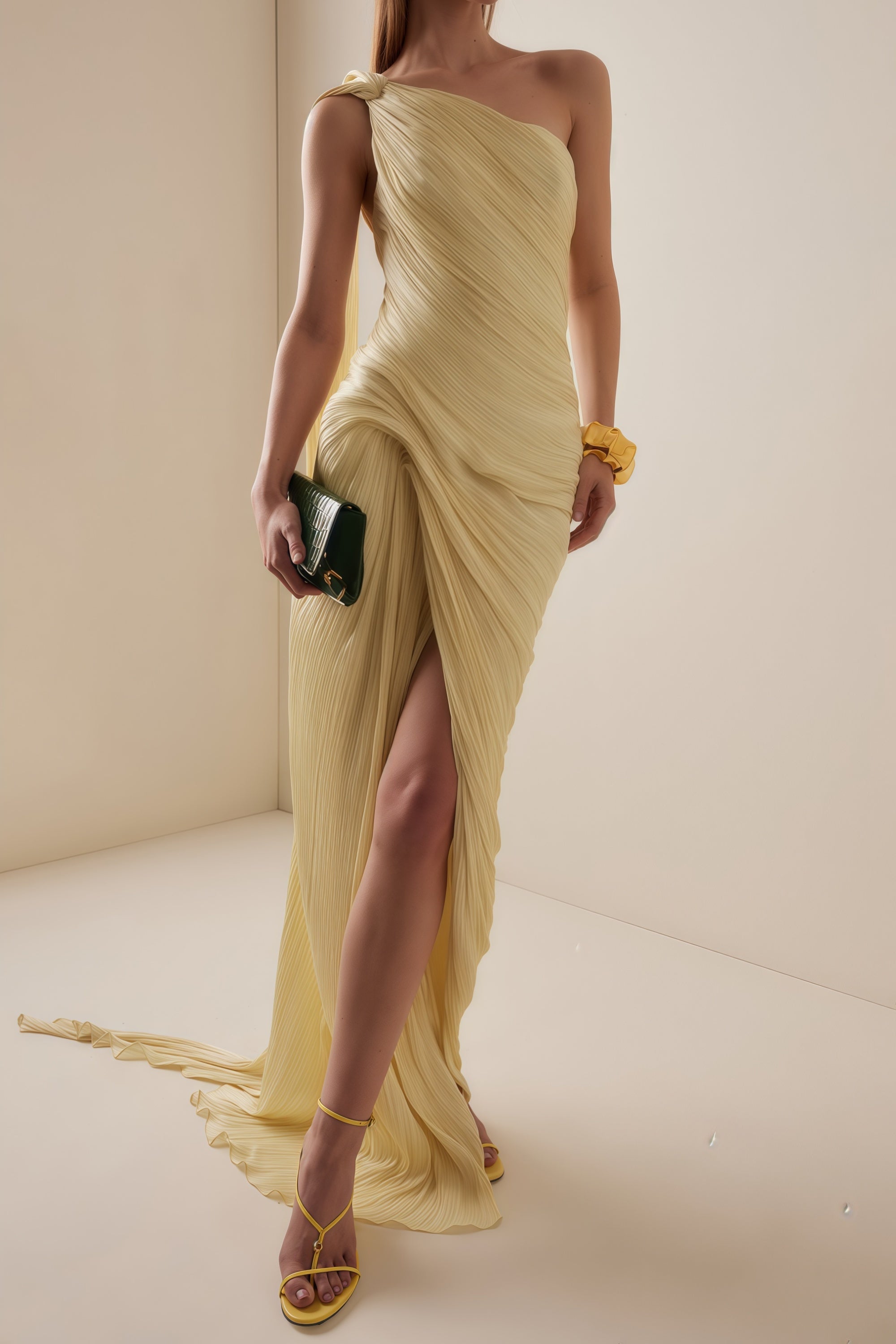Pale yellow one-shoulder plissé maxi dress with a draped high slit and a trailing hem