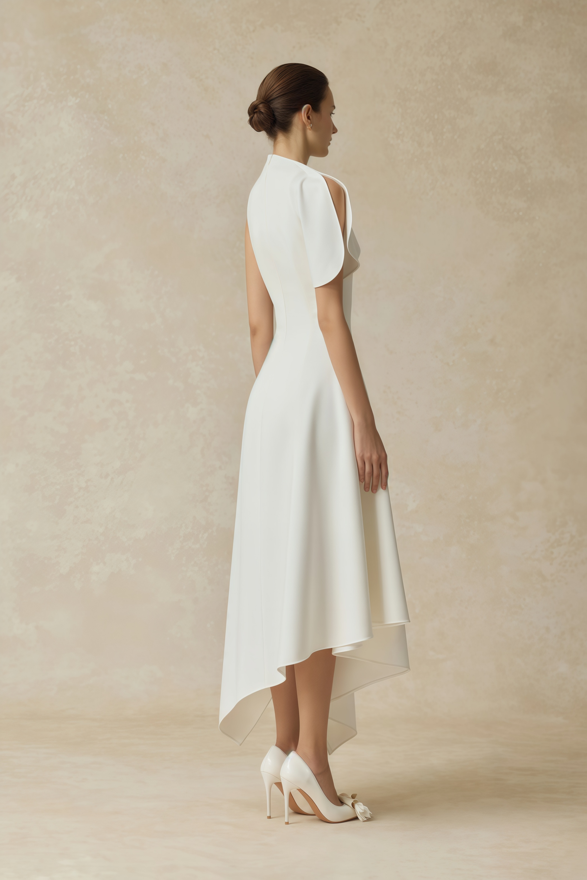White sleeveless midi dress featuring a high drape neck with a brooch detail and a structured asymmetric handkerchief skirt