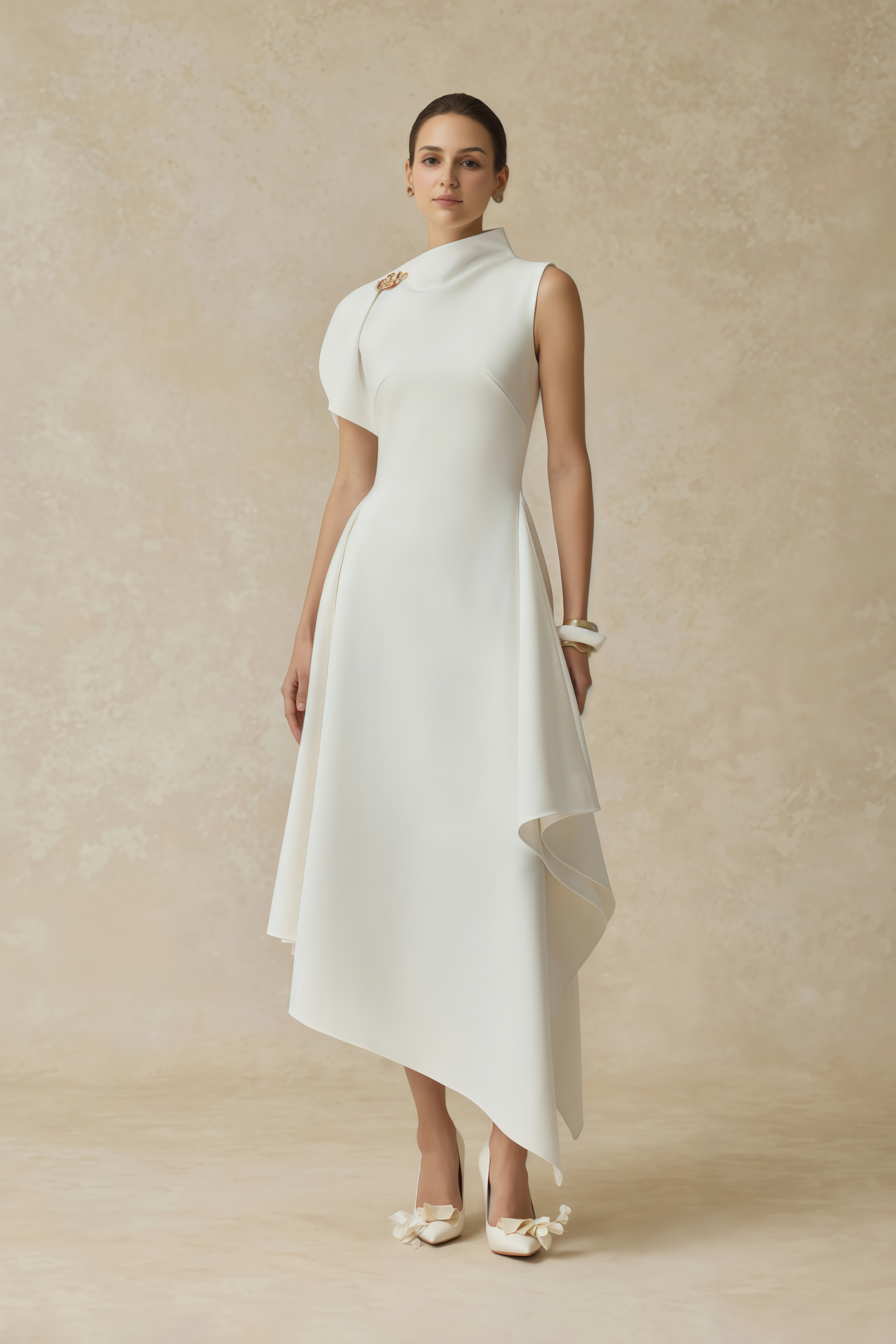 White sleeveless midi dress featuring a high drape neck with a brooch detail and a structured asymmetric handkerchief skirt
