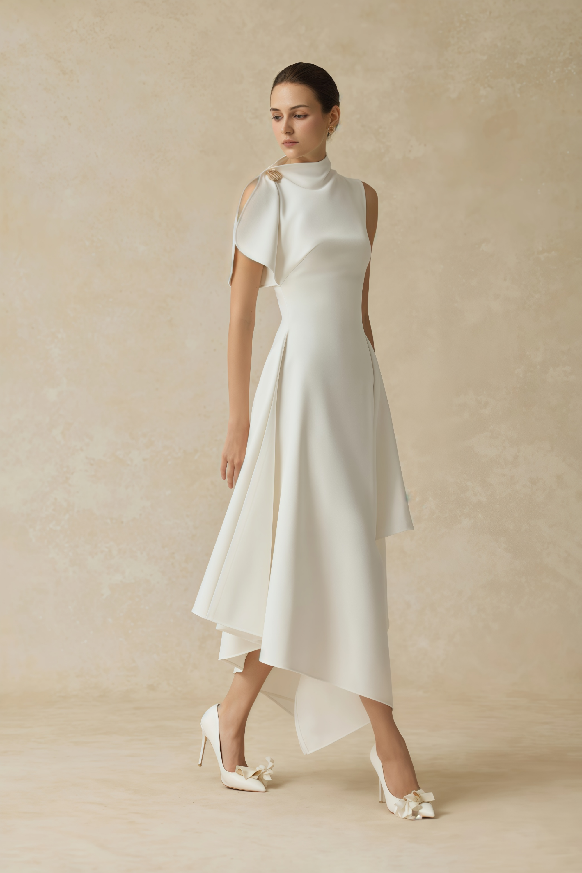 White sleeveless midi dress featuring a high drape neck with a brooch detail and a structured asymmetric handkerchief skirt