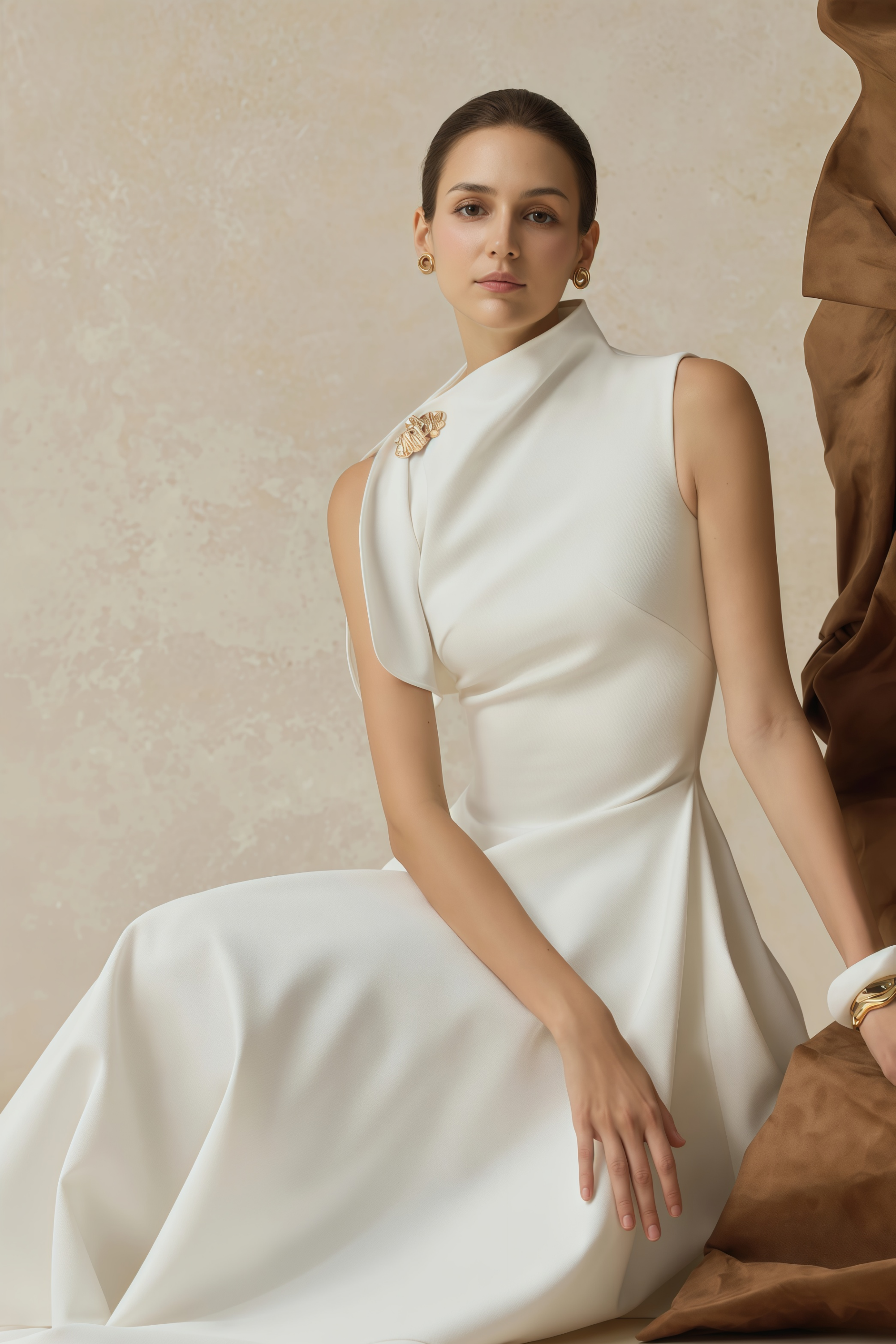 White sleeveless midi dress featuring a high drape neck with a brooch detail and a structured asymmetric handkerchief skirt