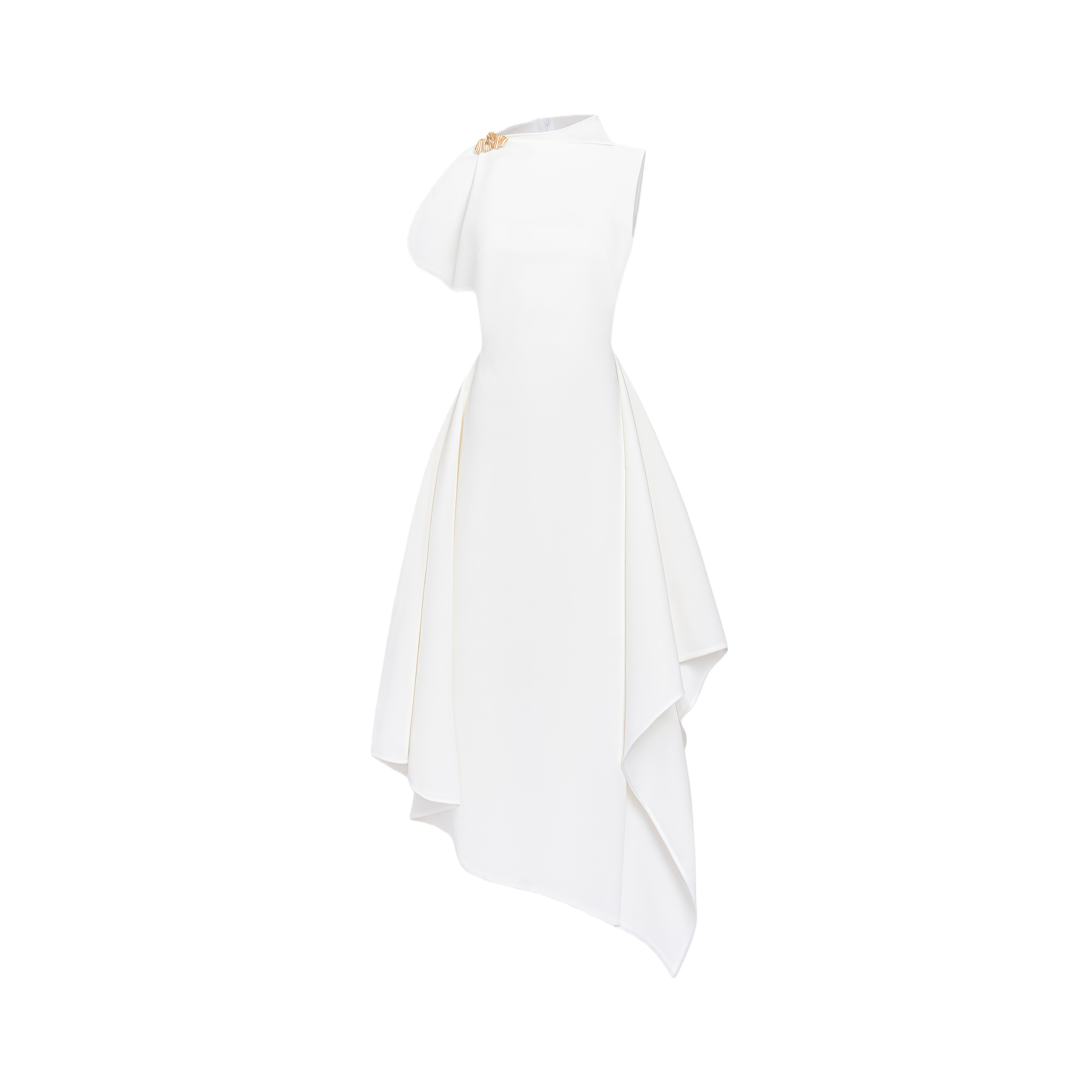 White sleeveless midi dress featuring a high drape neck with a brooch detail and a structured asymmetric handkerchief skirt