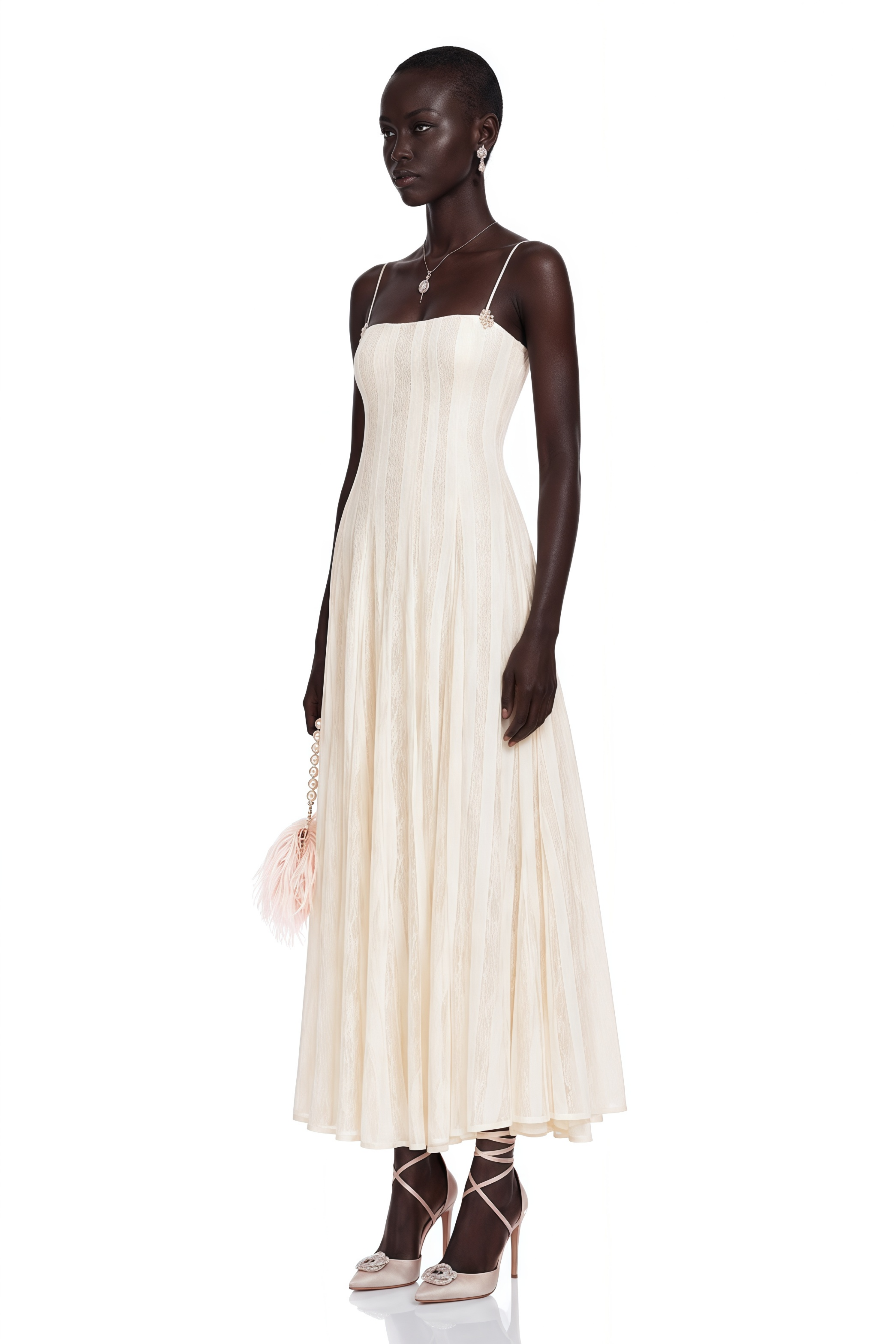 Coralie White Pleated Lace Midi Dress