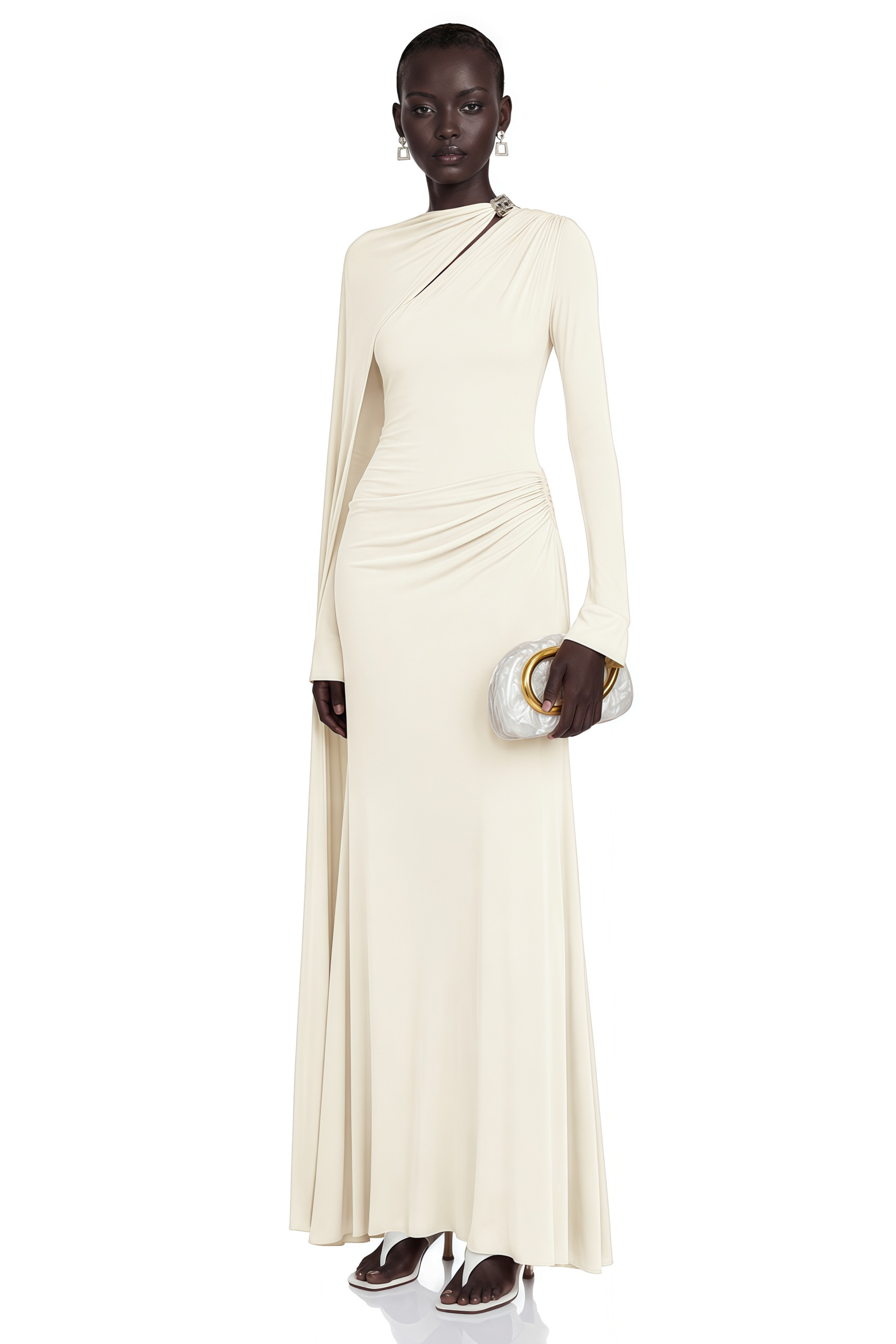 Josette White Diagonal Shawl Fitted Maxi Dress