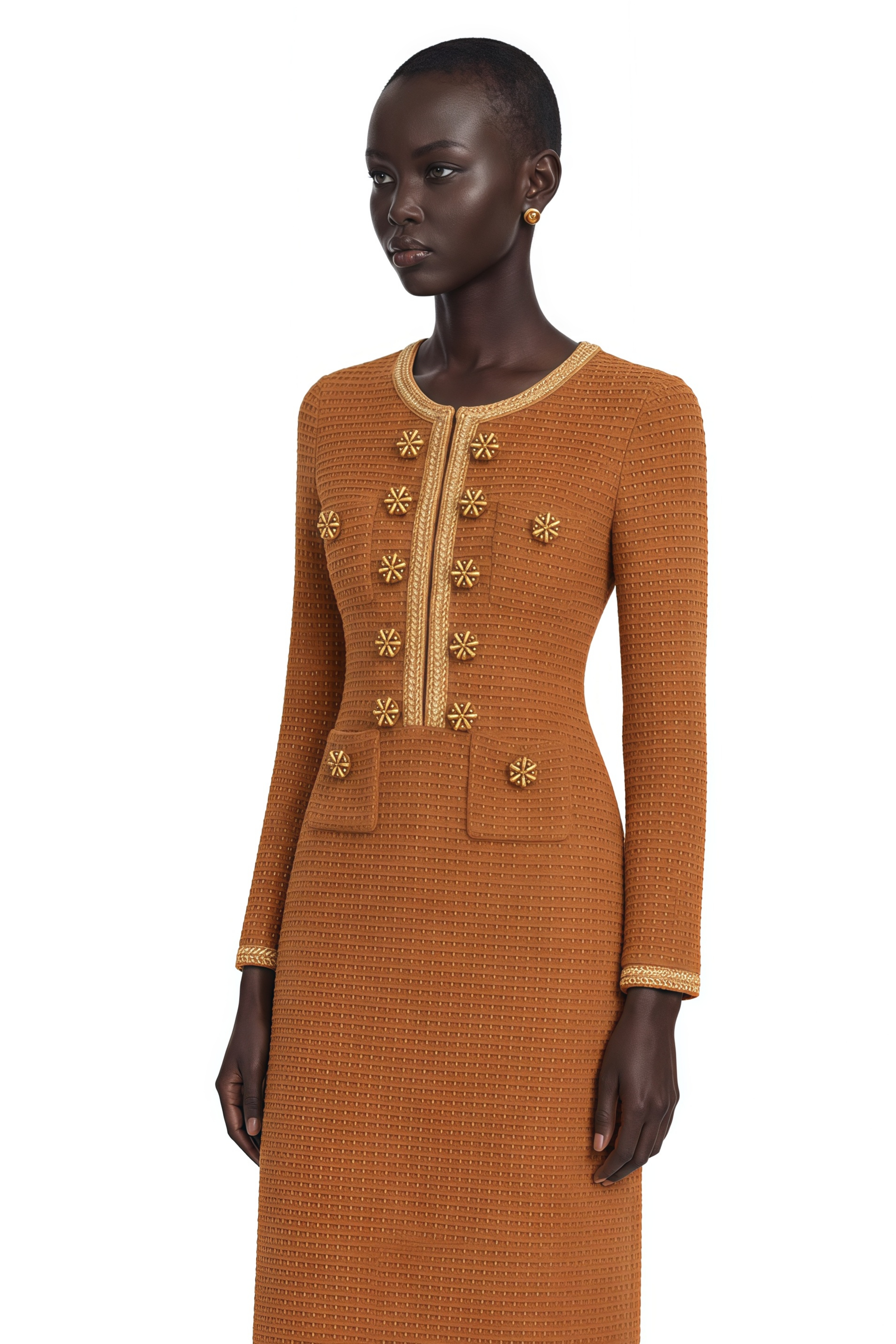 Epona Brown Braided-Edge Tweed Dress