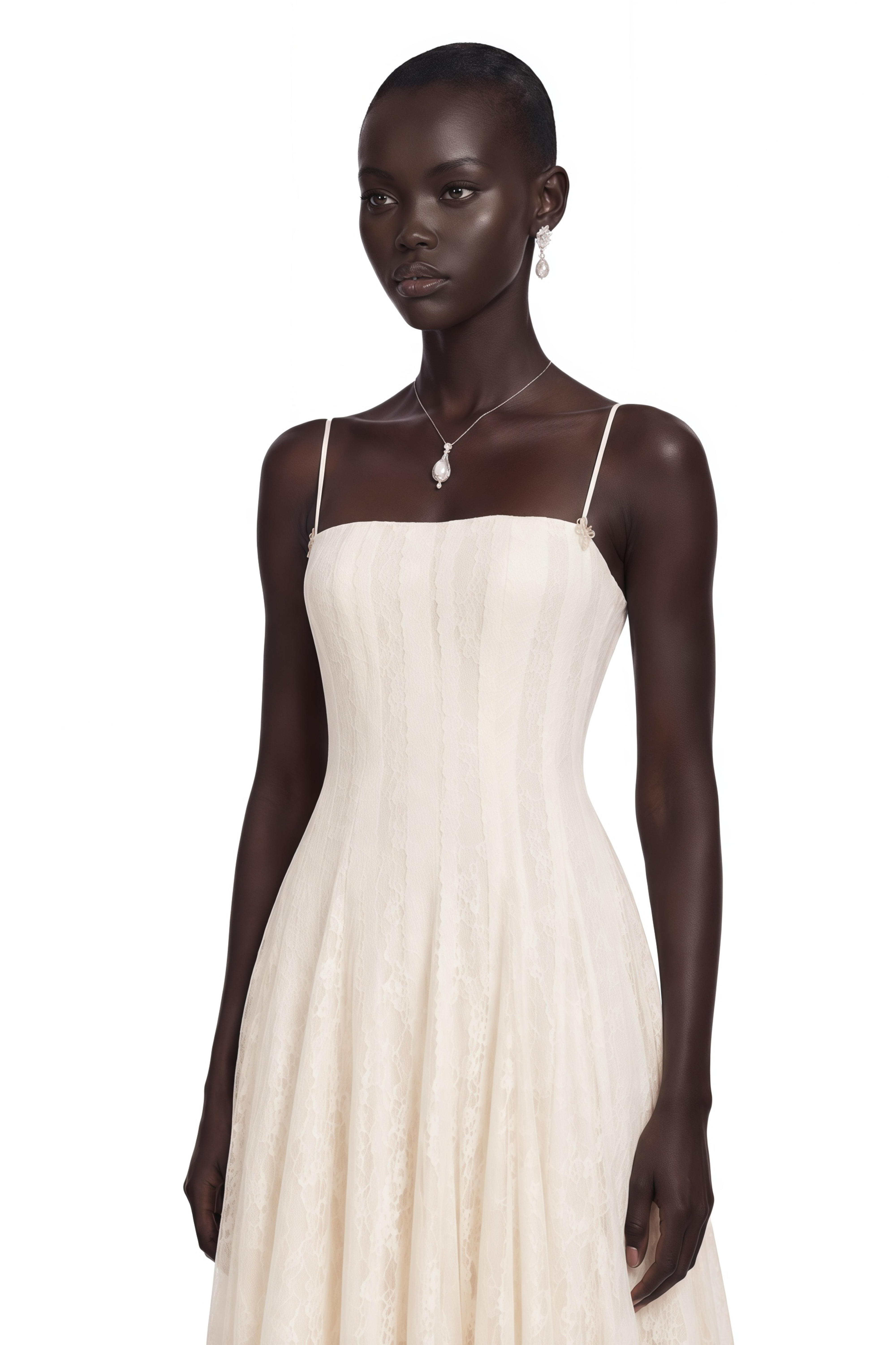Coralie White Pleated Lace Midi Dress