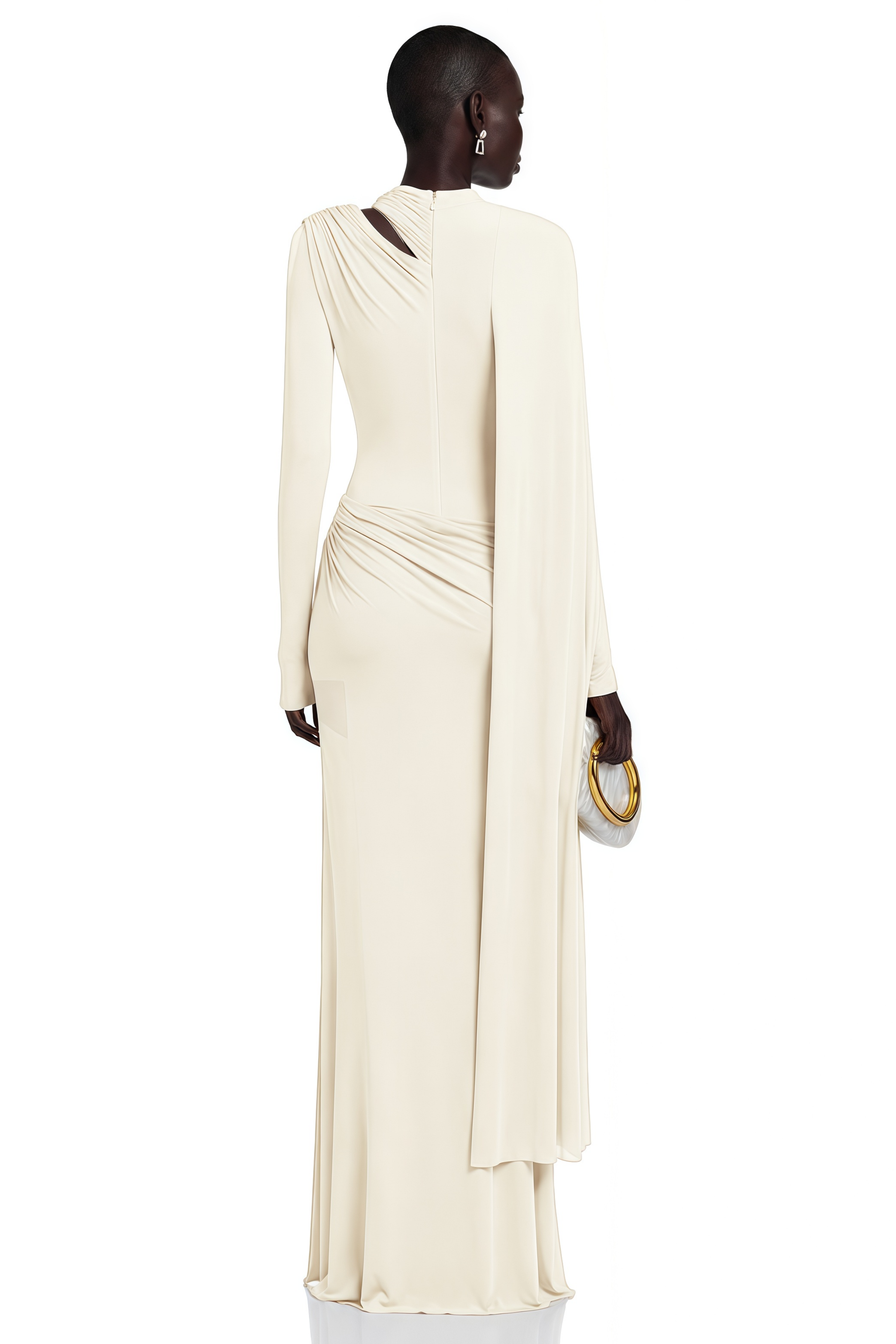 Josette White Diagonal Shawl Fitted Maxi Dress