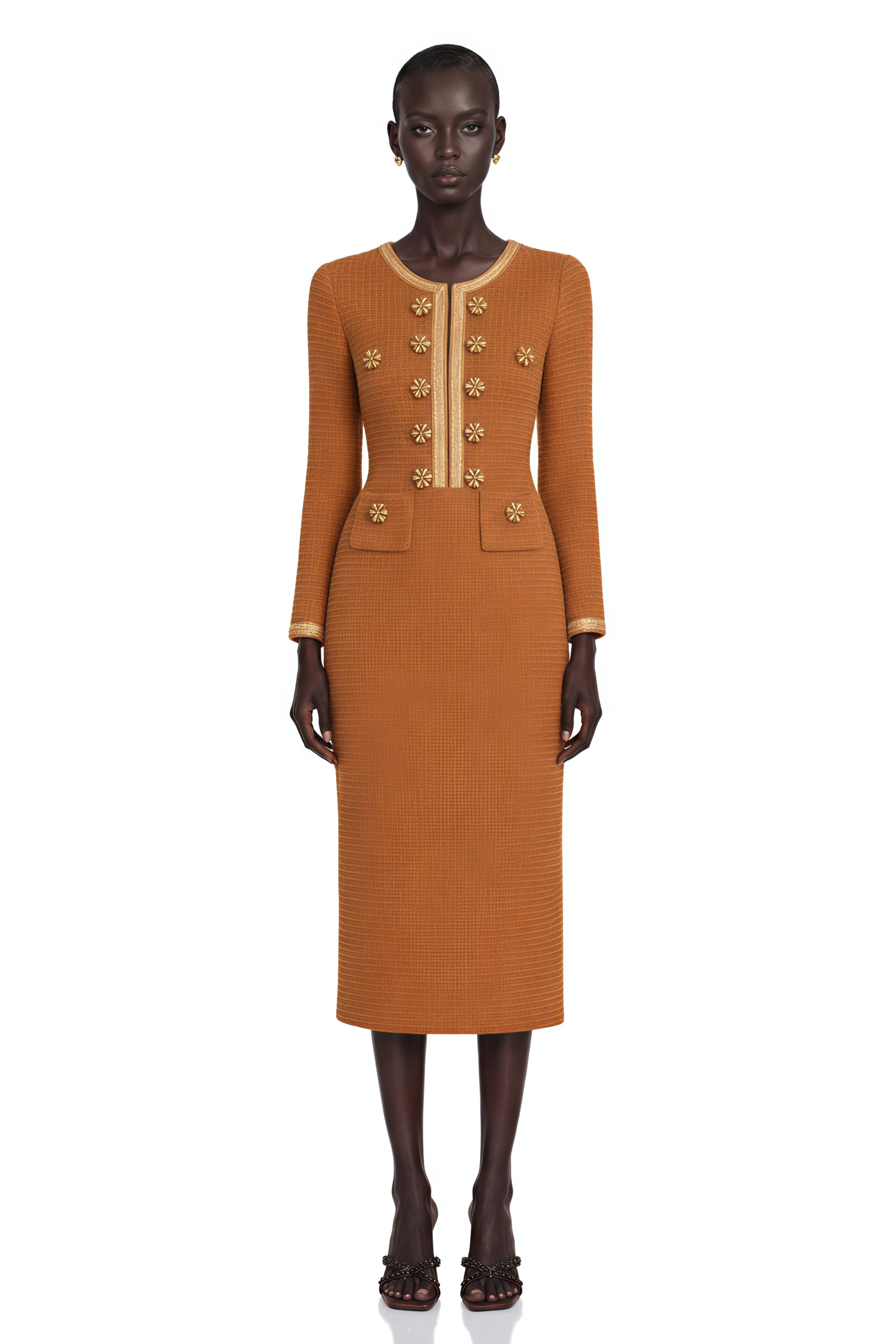 Epona Brown Braided-Edge Tweed Dress