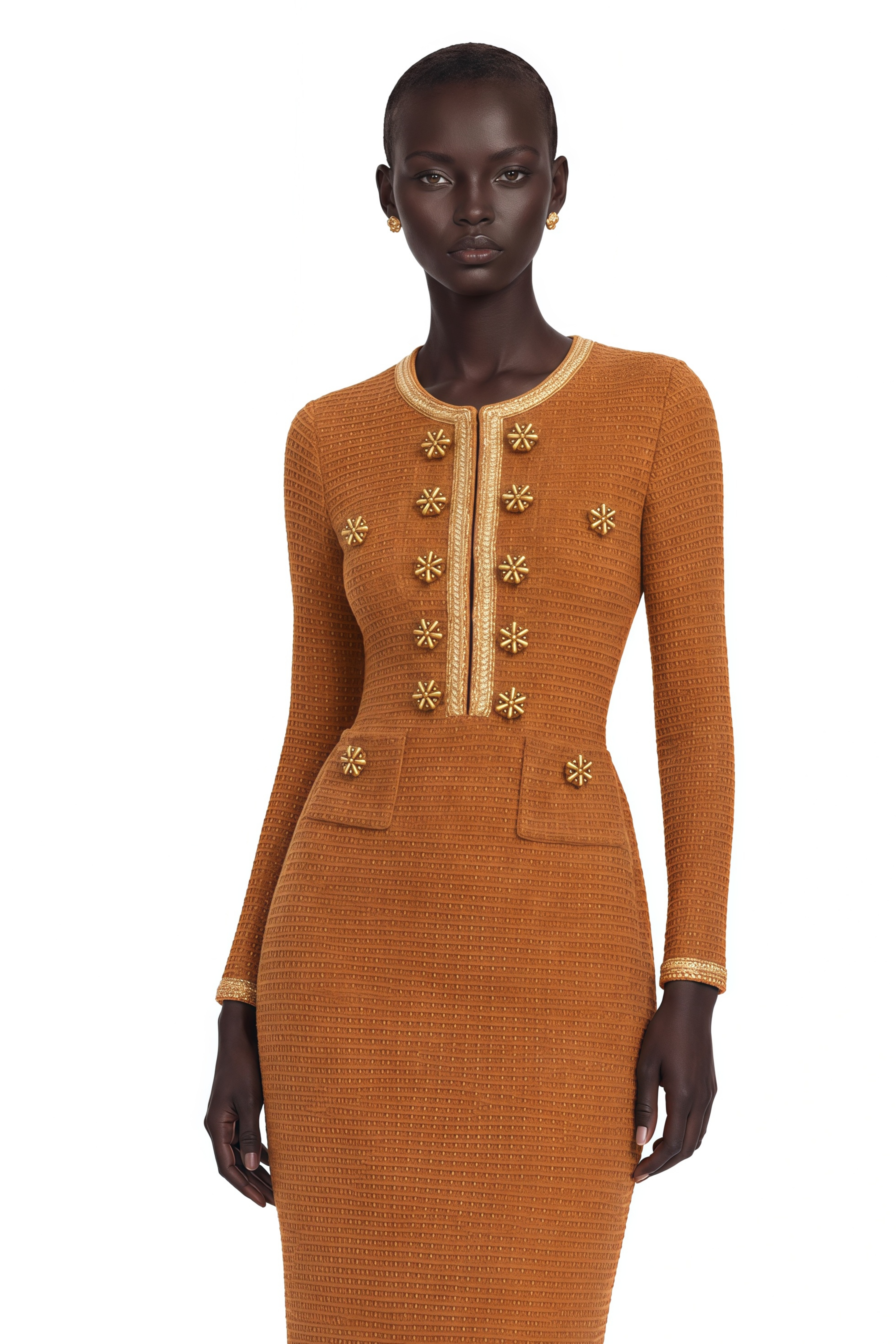 Epona Brown Braided-Edge Tweed Dress