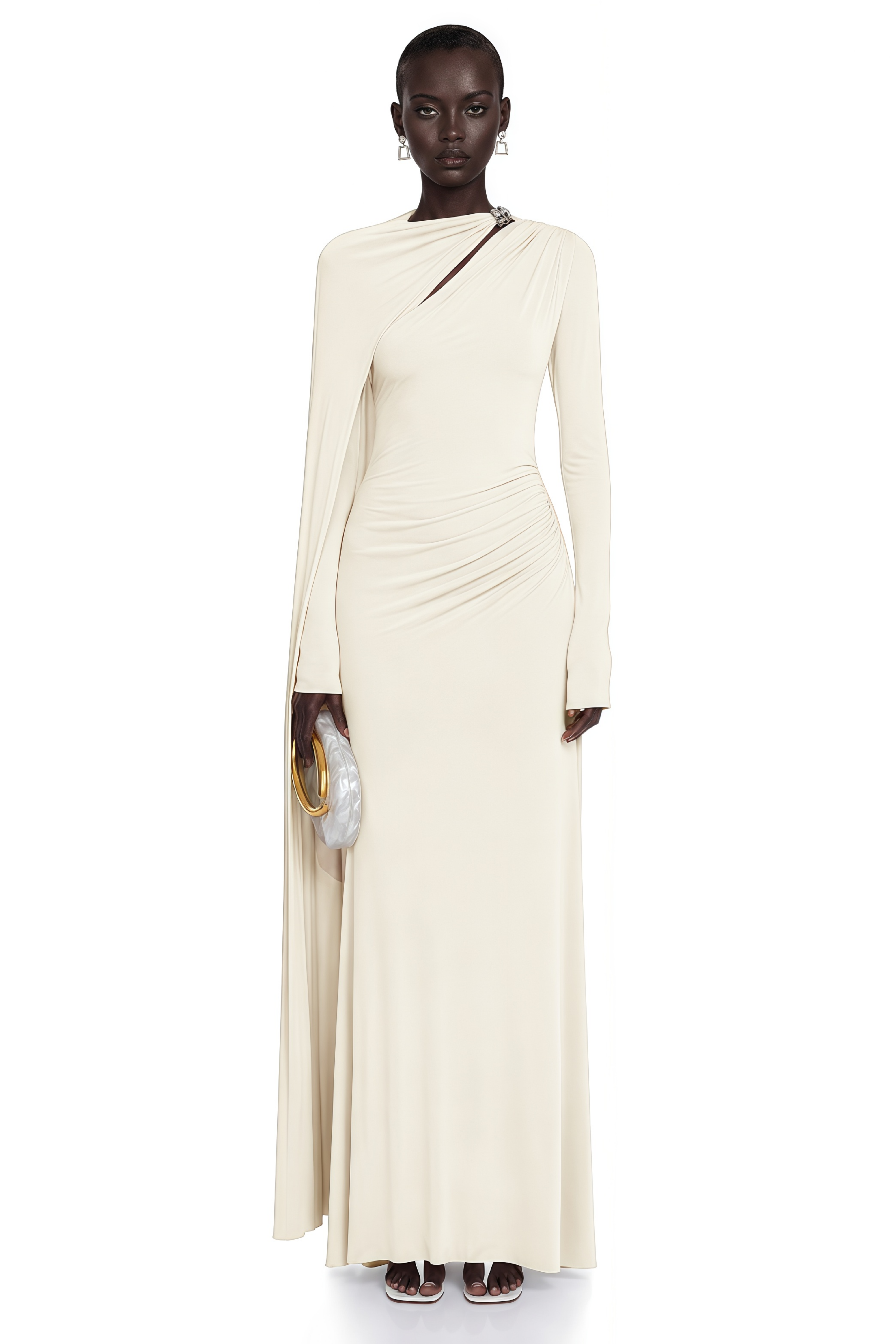Josette White Diagonal Shawl Fitted Maxi Dress