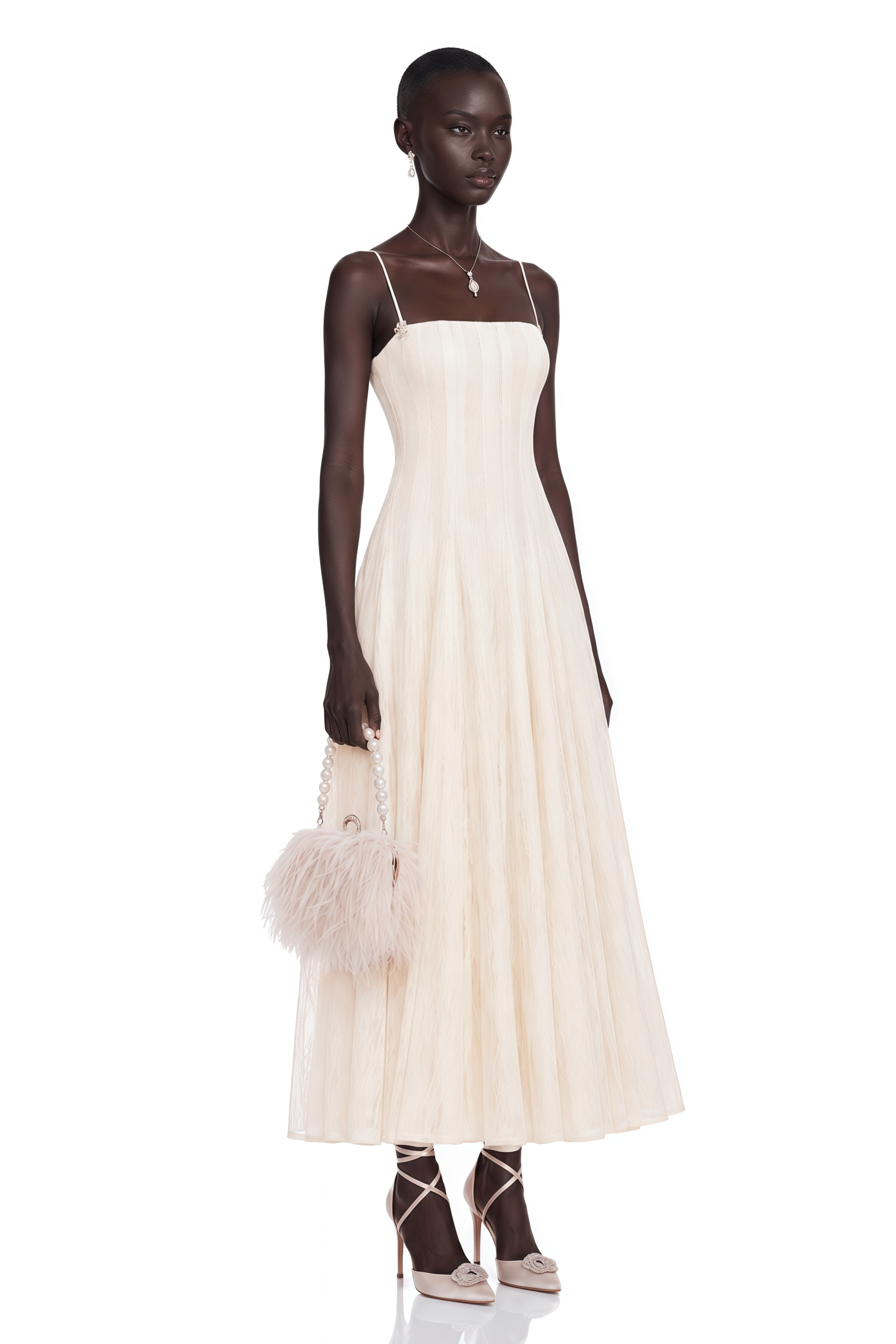 Coralie White Pleated Lace Midi Dress
