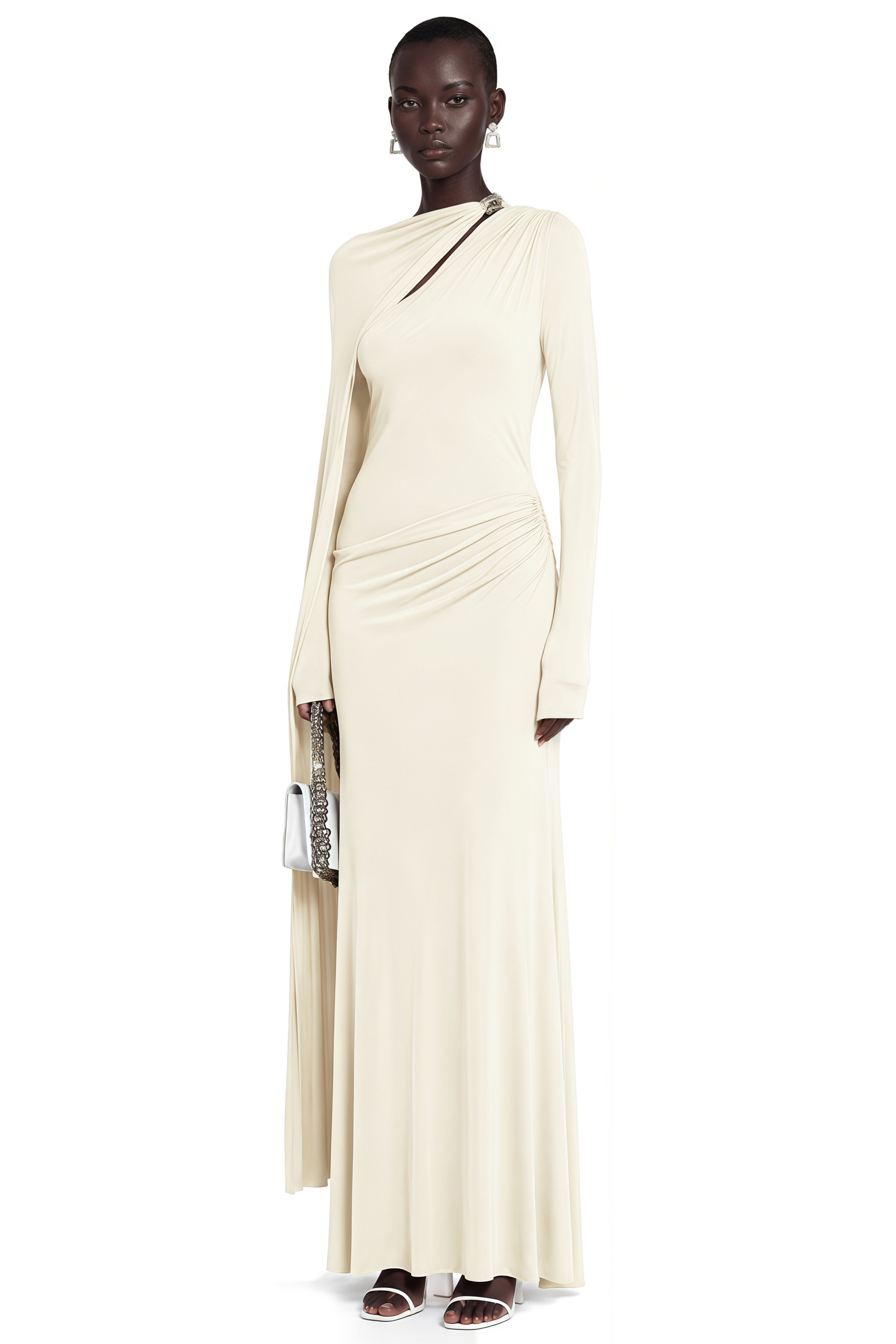 Josette White Diagonal Shawl Fitted Maxi Dress
