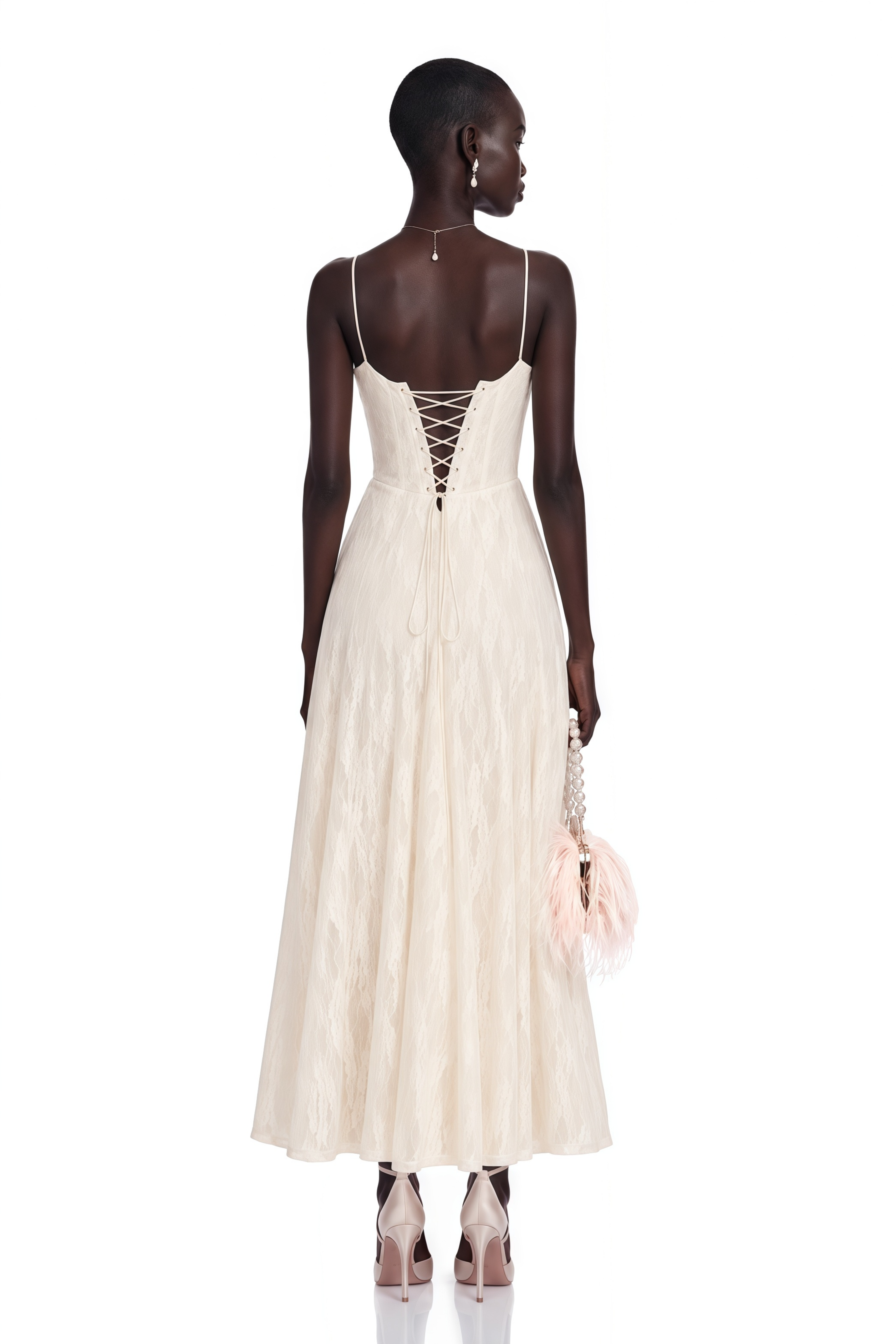 Coralie White Pleated Lace Midi Dress