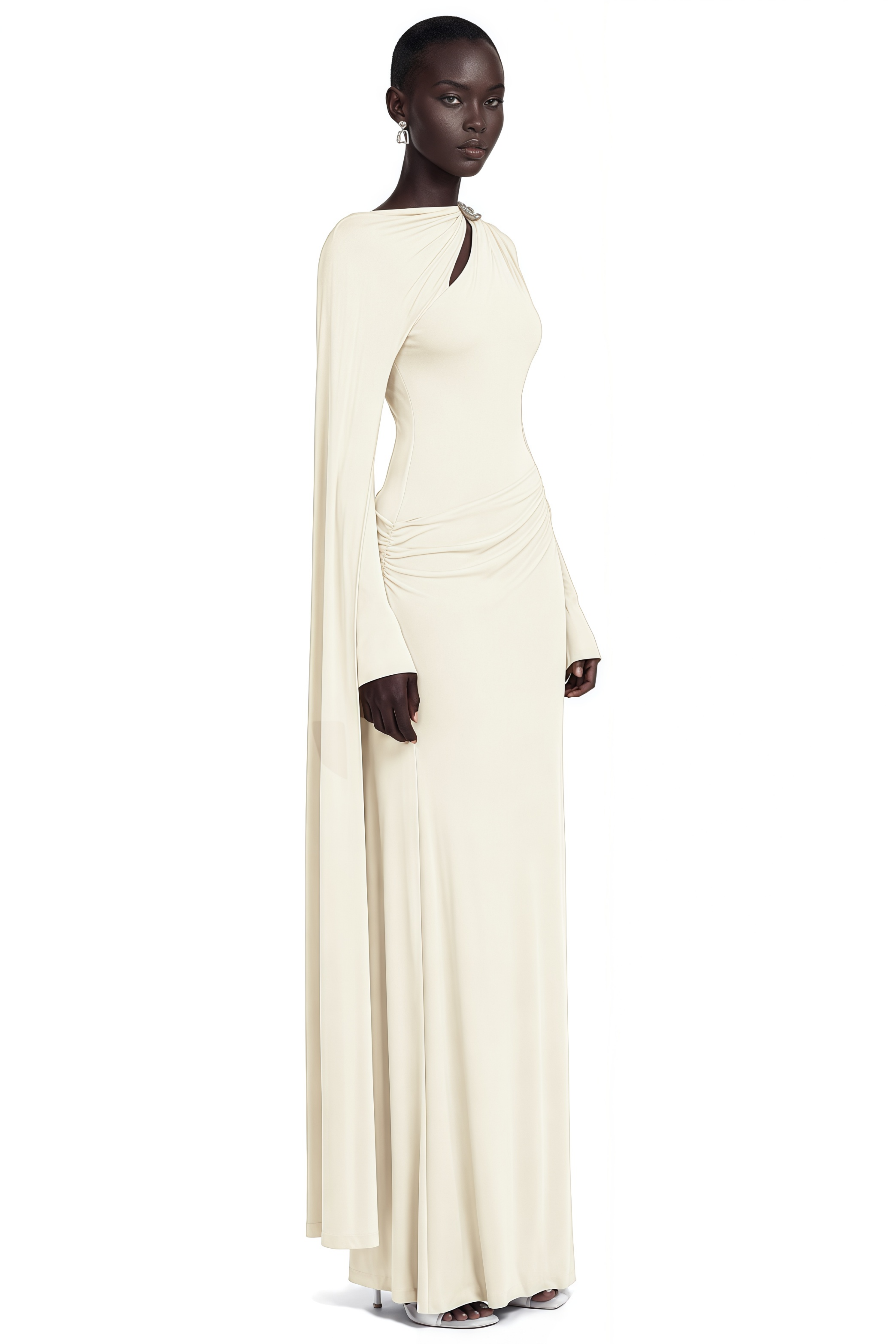 Josette White Diagonal Shawl Fitted Maxi Dress