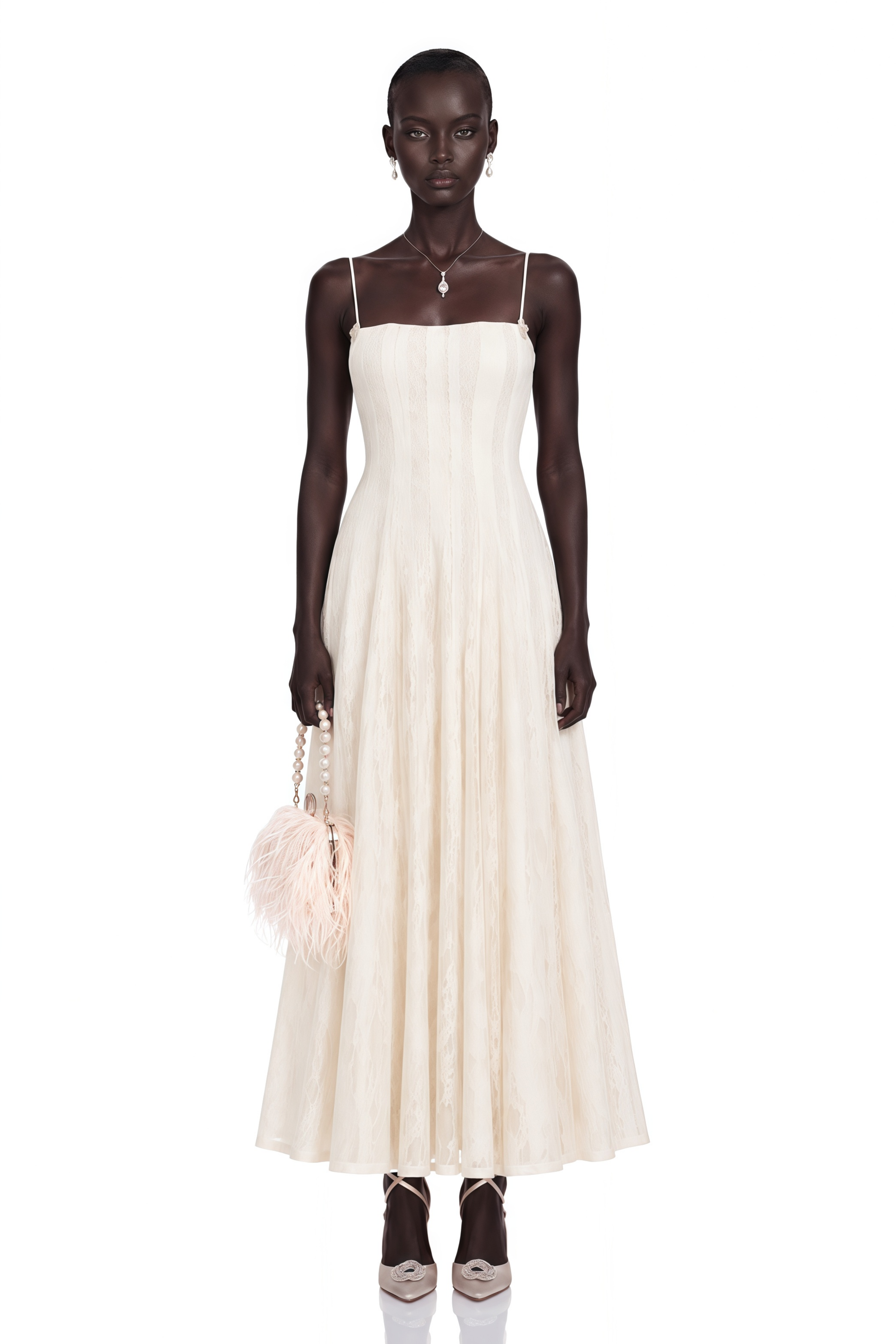 Coralie White Pleated Lace Midi Dress