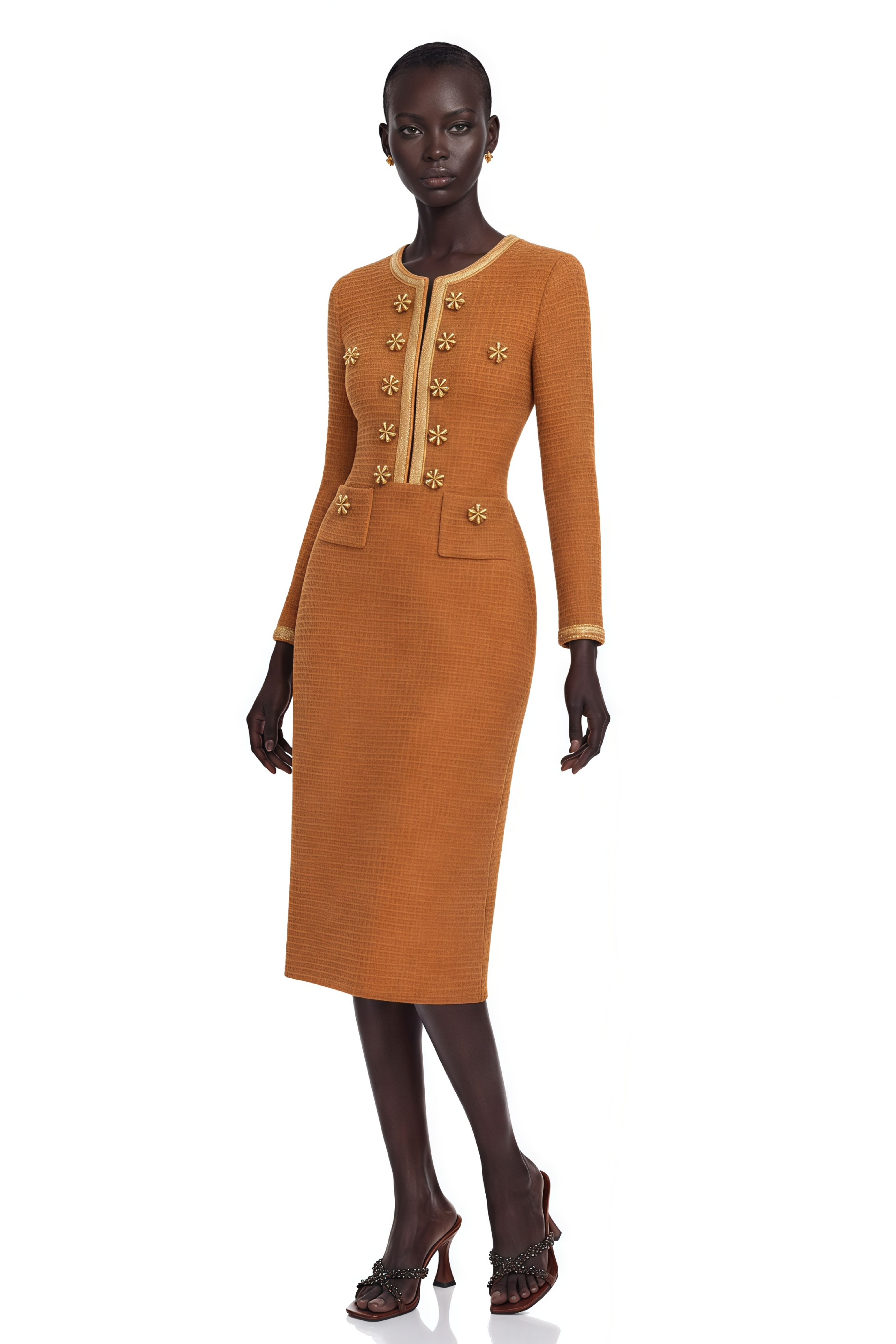 Epona Brown Braided-Edge Tweed Dress