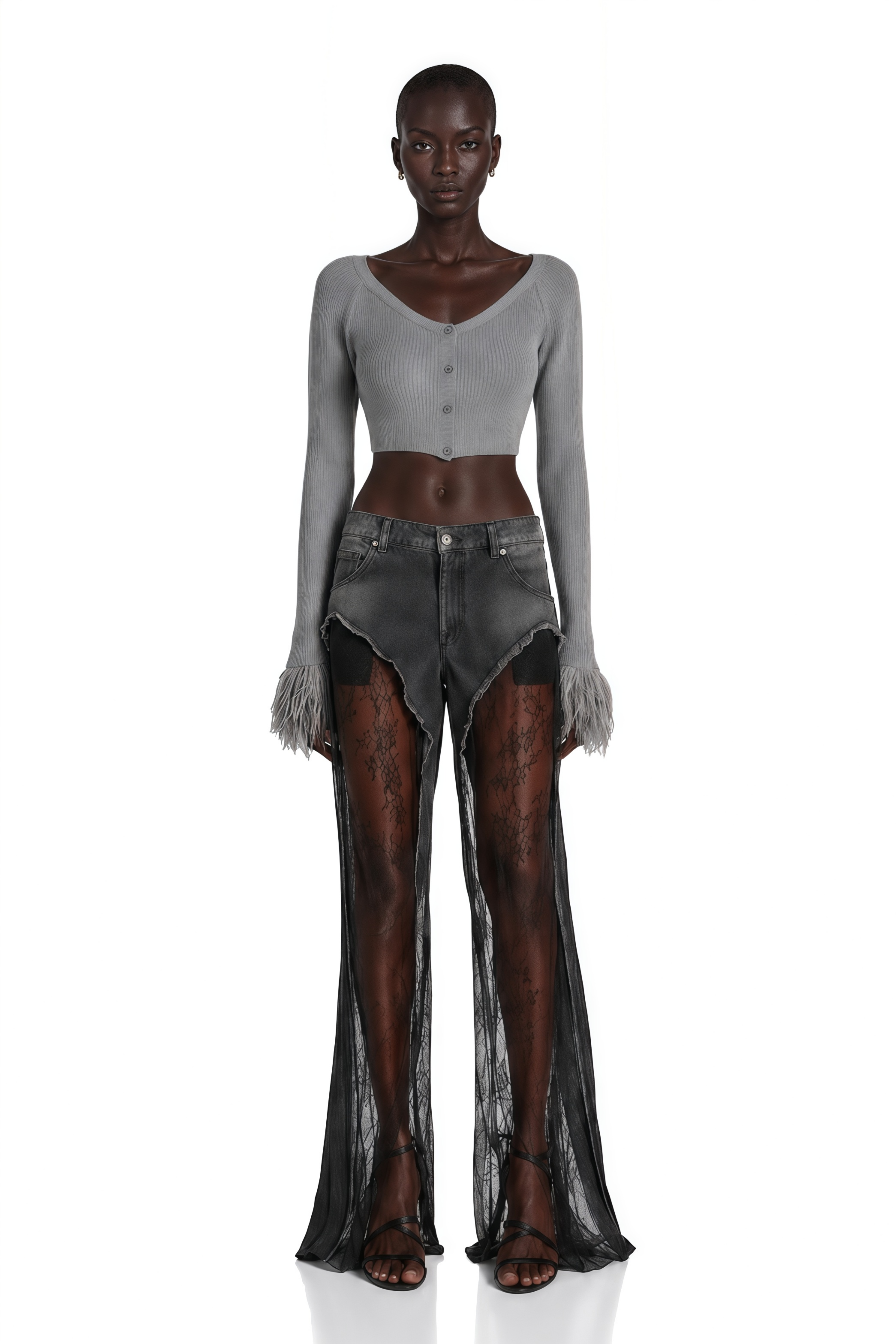 Black cutout trousers with sheer panels