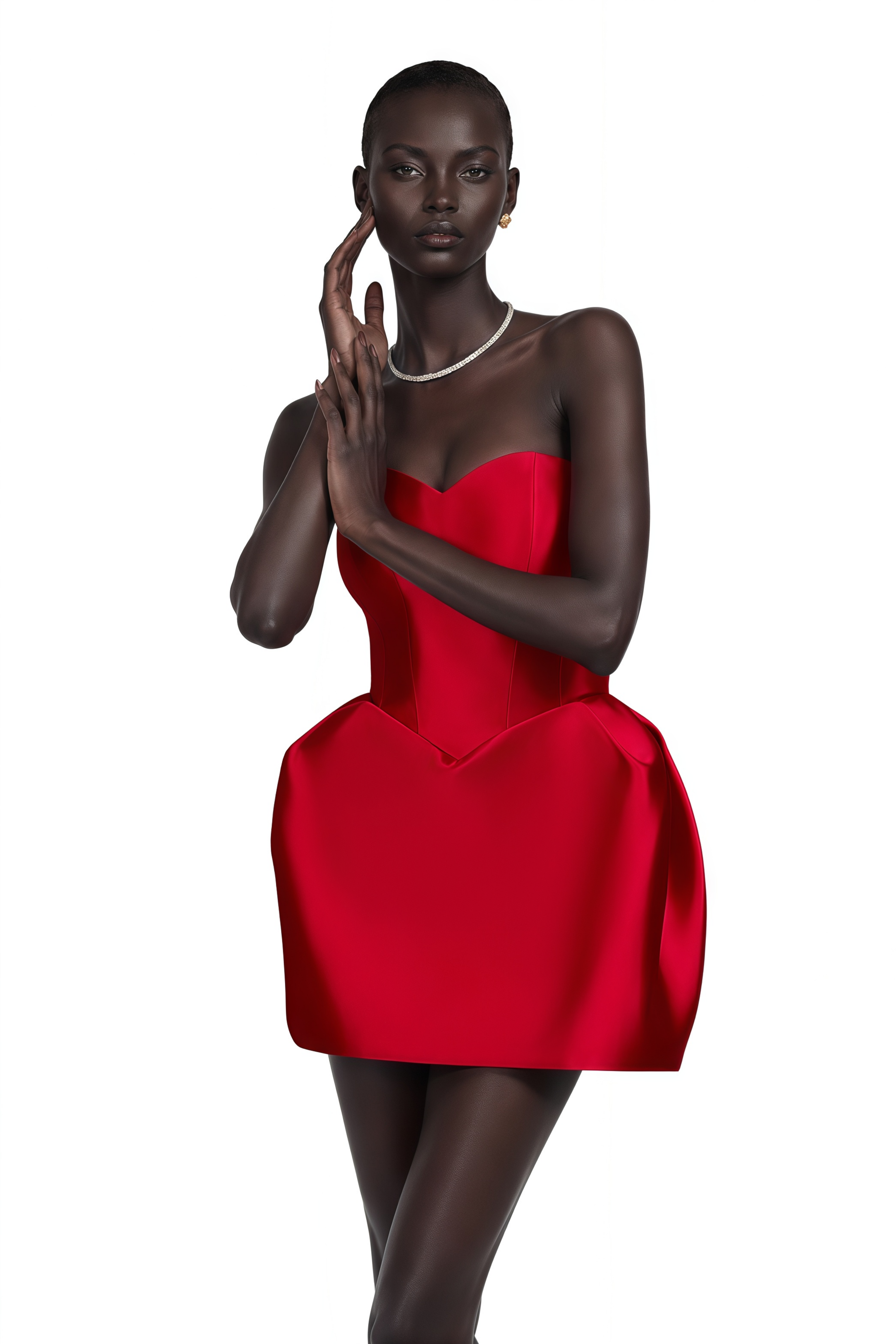 Red strapless satin mini dress with a corset bodice and structured hips
