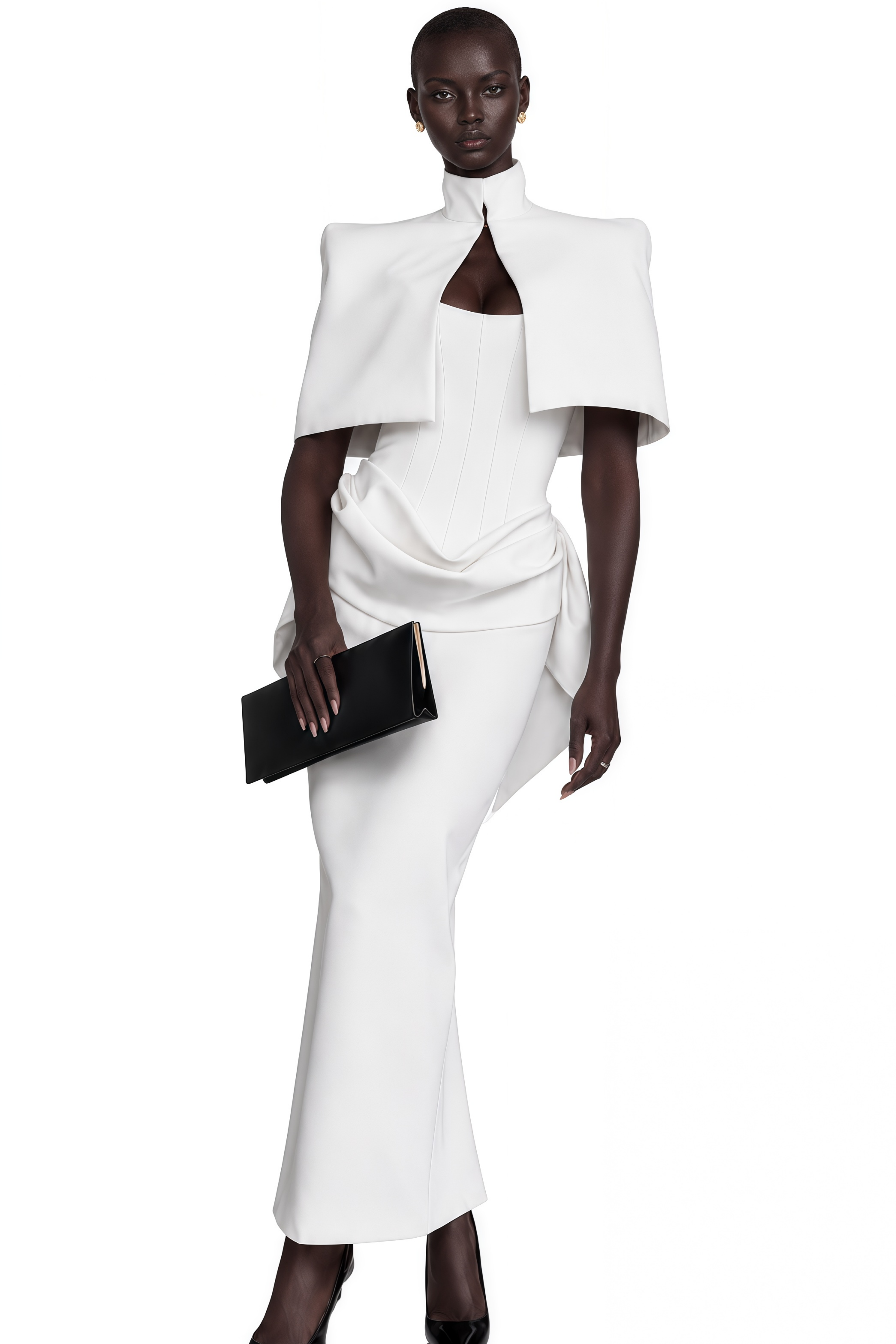 White strapless maxi dress with a draped waist